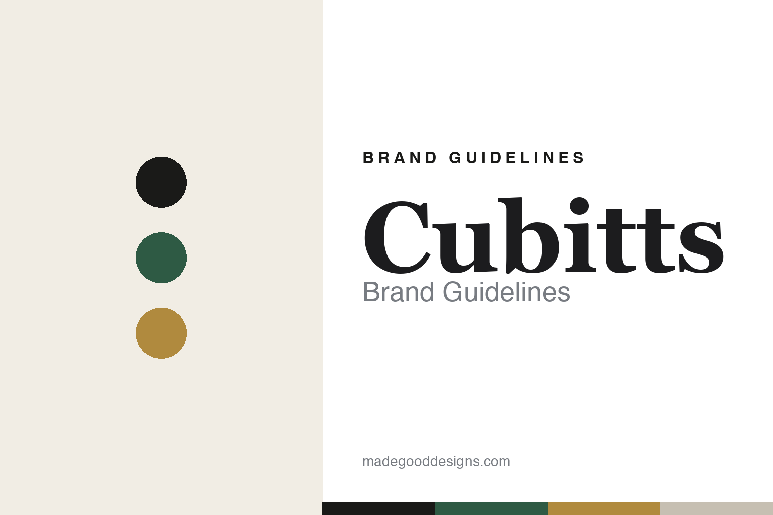 Cubitts brand guidelines — abstract colour-disc homage (heritage green and brass), not the Cubitts rivet mark