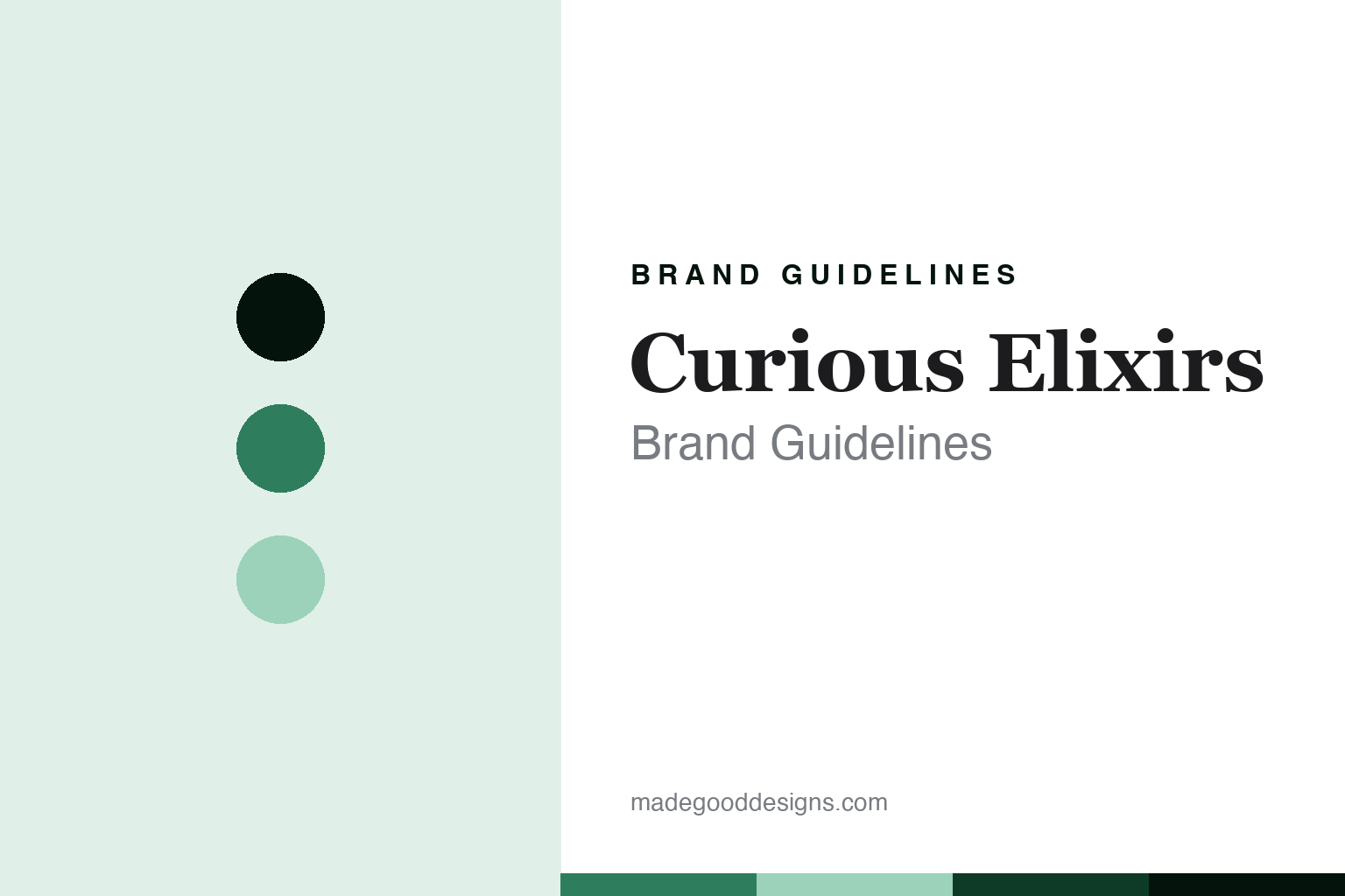 Curious Elixirs brand guidelines — abstract homage cover in apothecary green and mint with an apothecary-serif register