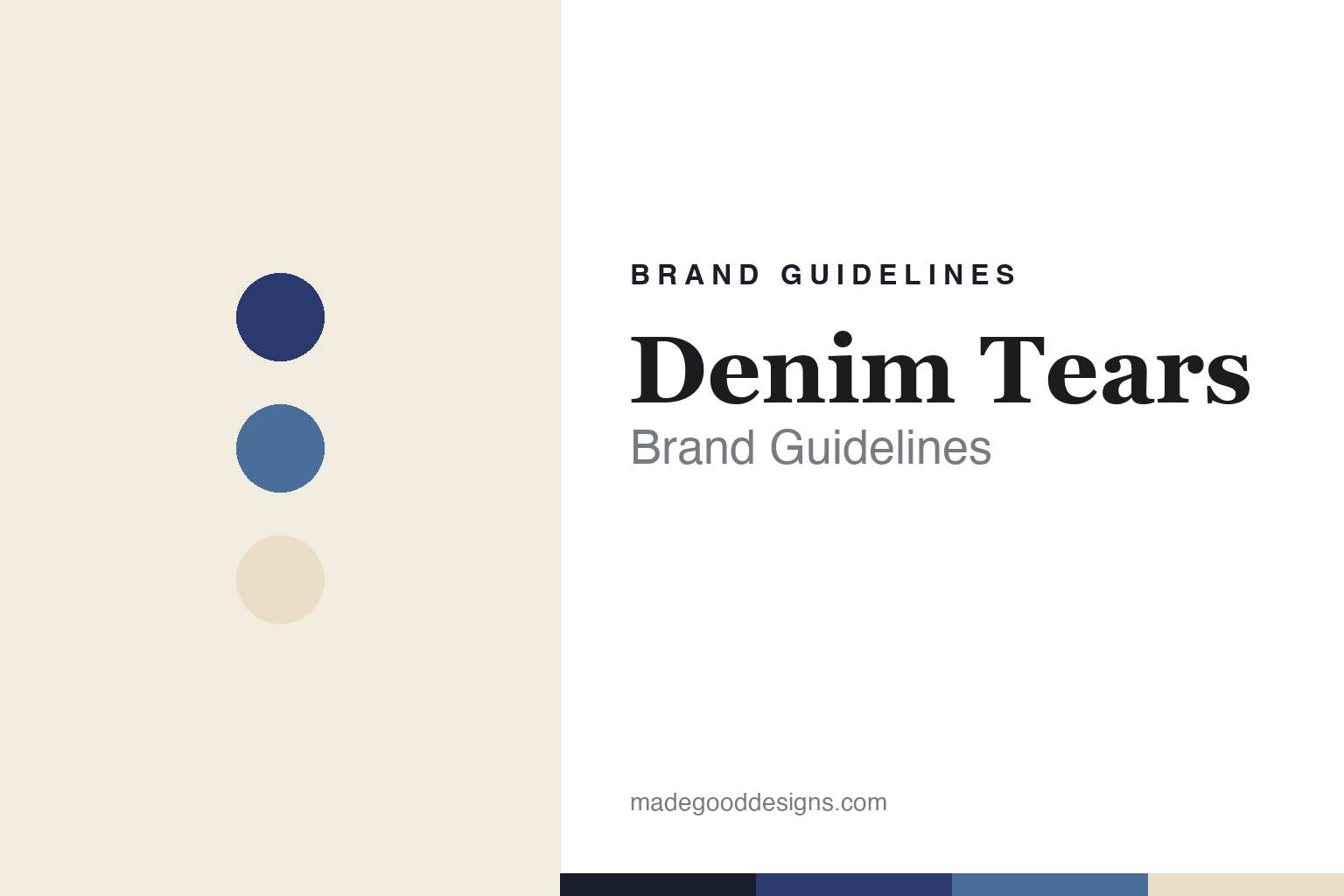 Denim Tears brand guidelines cover — indigo, denim-blue and ecru discs (abstract homage)