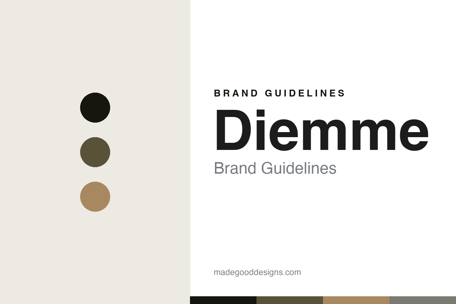 Diemme brand guidelines — abstract colour-disc homage cover (field olive and tan)