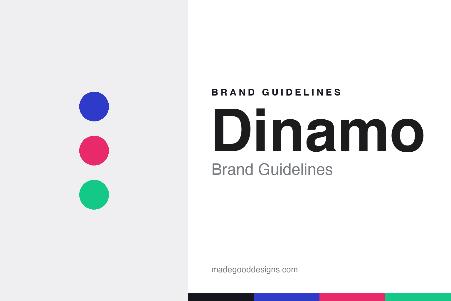 Dinamo brand guidelines cover — electric-blue, hot-pink and acid-green discs (abstract homage)