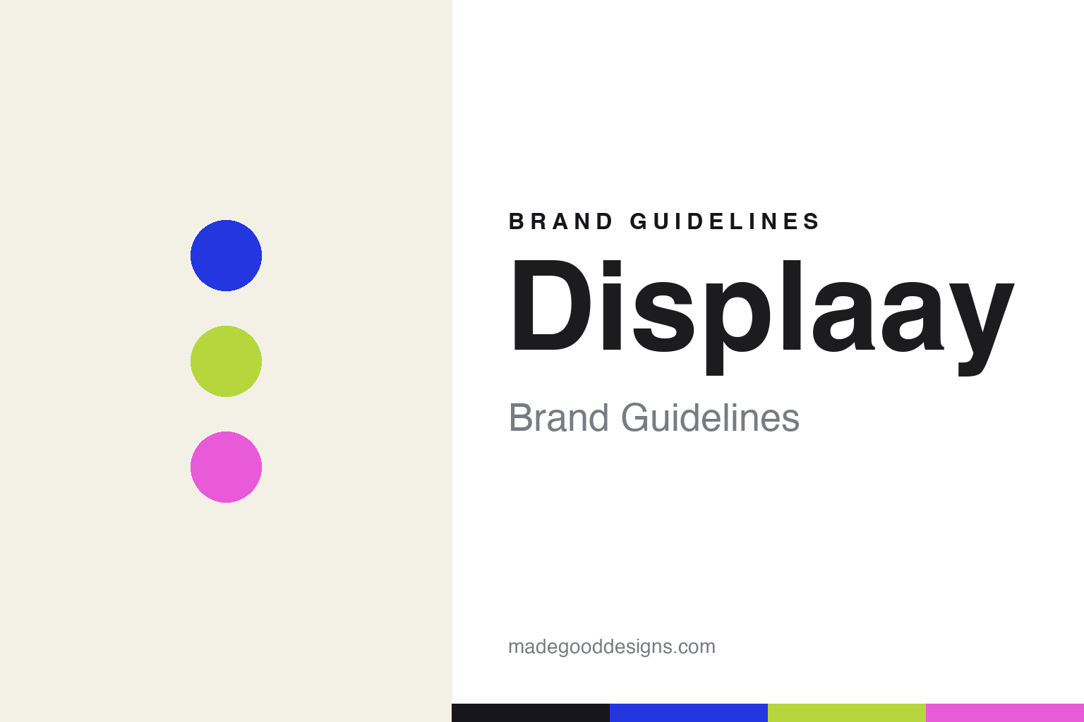 Displaay brand guidelines cover — cobalt, lime and magenta discs (abstract homage)