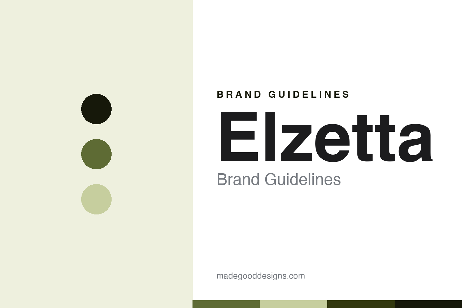 Elzetta brand guidelines cover — abstract tactical-olive palette discs and machined-aluminium texture (homage, not the Elzetta logo)