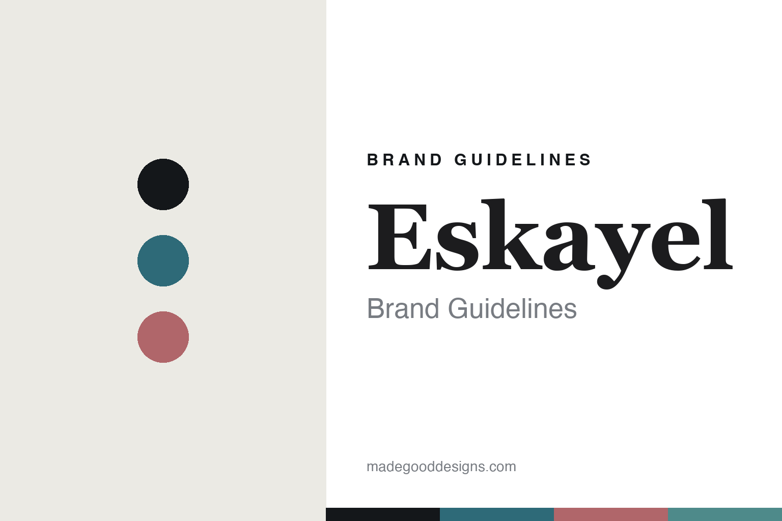 Eskayel brand guidelines cover — watery teal-and-blush palette with abstract colour-disc homage (not the Eskayel watercolours)