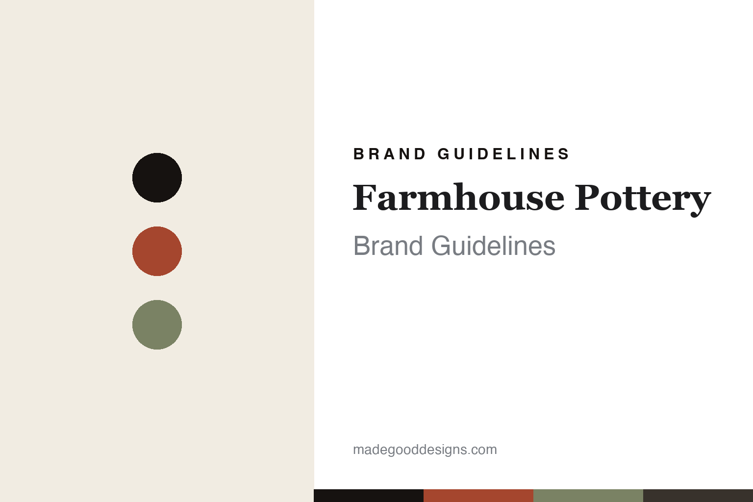Abstract brand-guideline cover for Farmhouse Pottery — barn red, ink and sage colour discs with a palette band (unofficial homage; no logo or piece reproduced).