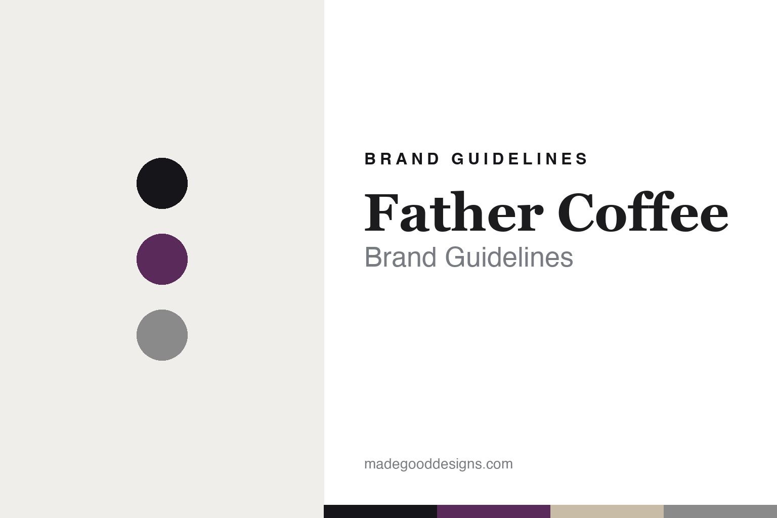 Father Coffee brand guidelines — abstract colour-disc homage cover in monochrome and plum
