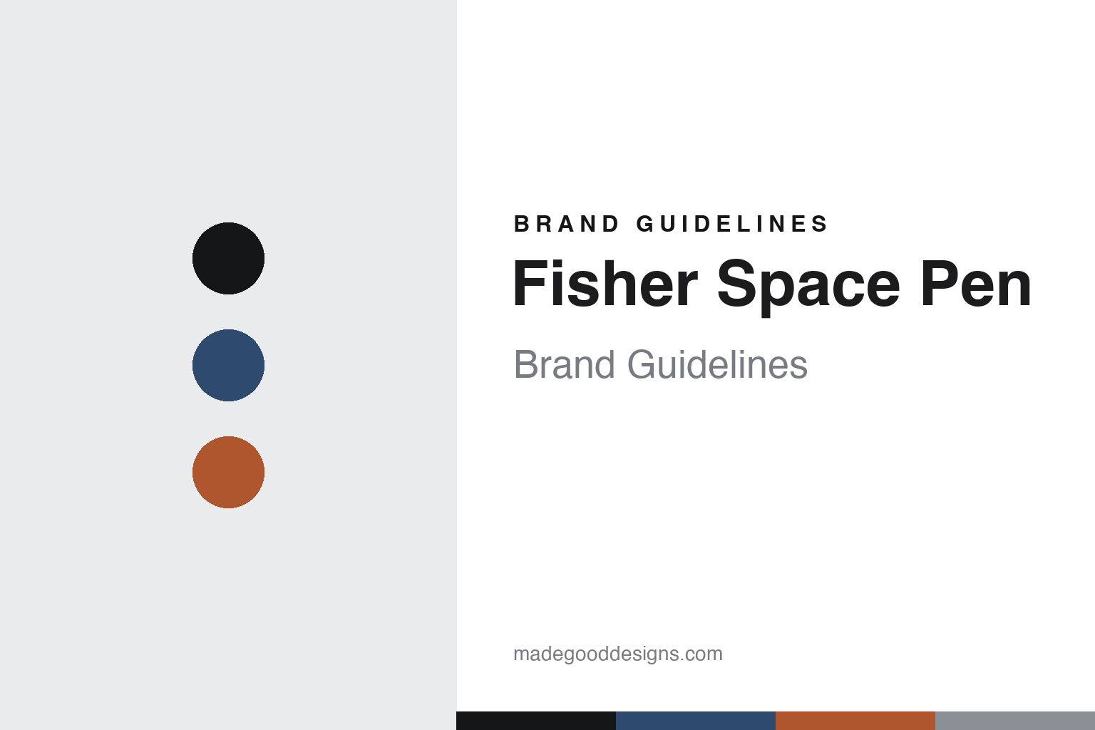 Abstract homage cover for Fisher Space Pen brand guidelines — colour discs and swatches, not a Fisher Space Pen asset