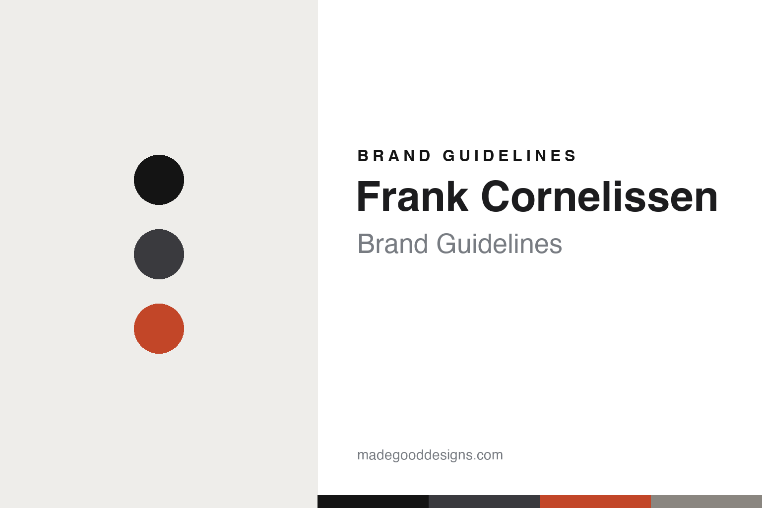 Frank Cornelissen brand guidelines cover — abstract colour-disc homage