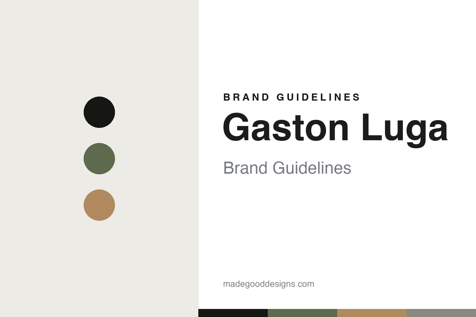 Gaston Luga brand guidelines — abstract moss-and-camel colour-disc homage cover; no logo reproduced.