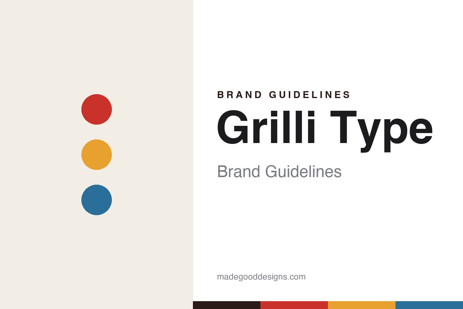 Grilli Type brand guidelines cover — signal-red, ochre and steel-blue discs (abstract homage)