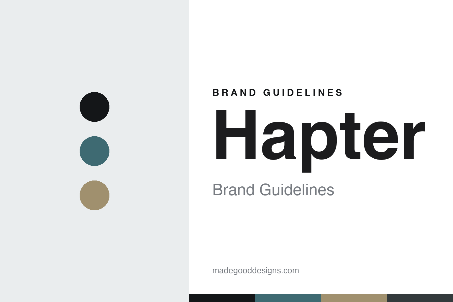 Abstract brand-guideline cover for Hapter — steel, ink and sand colour discs with a palette band (unofficial homage; no logo or frame reproduced).