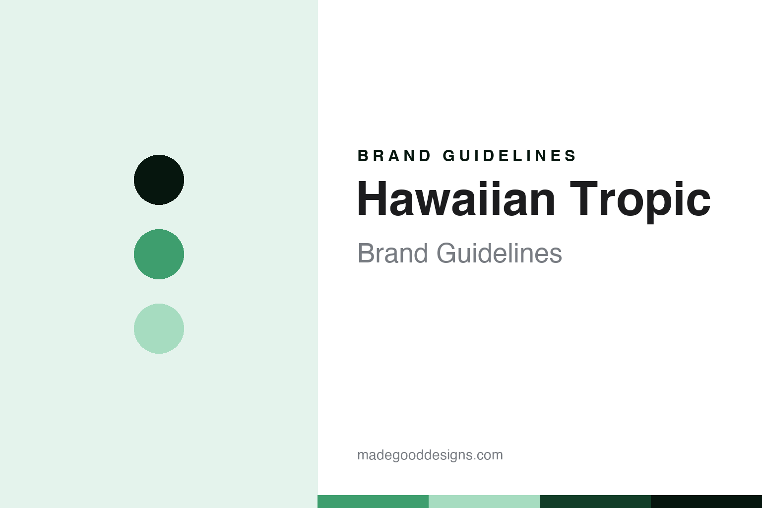 Hawaiian Tropic brand guidelines abstract homage cover: palm-green colour discs and sunscreen texture, not an official asset and no cultural motifs