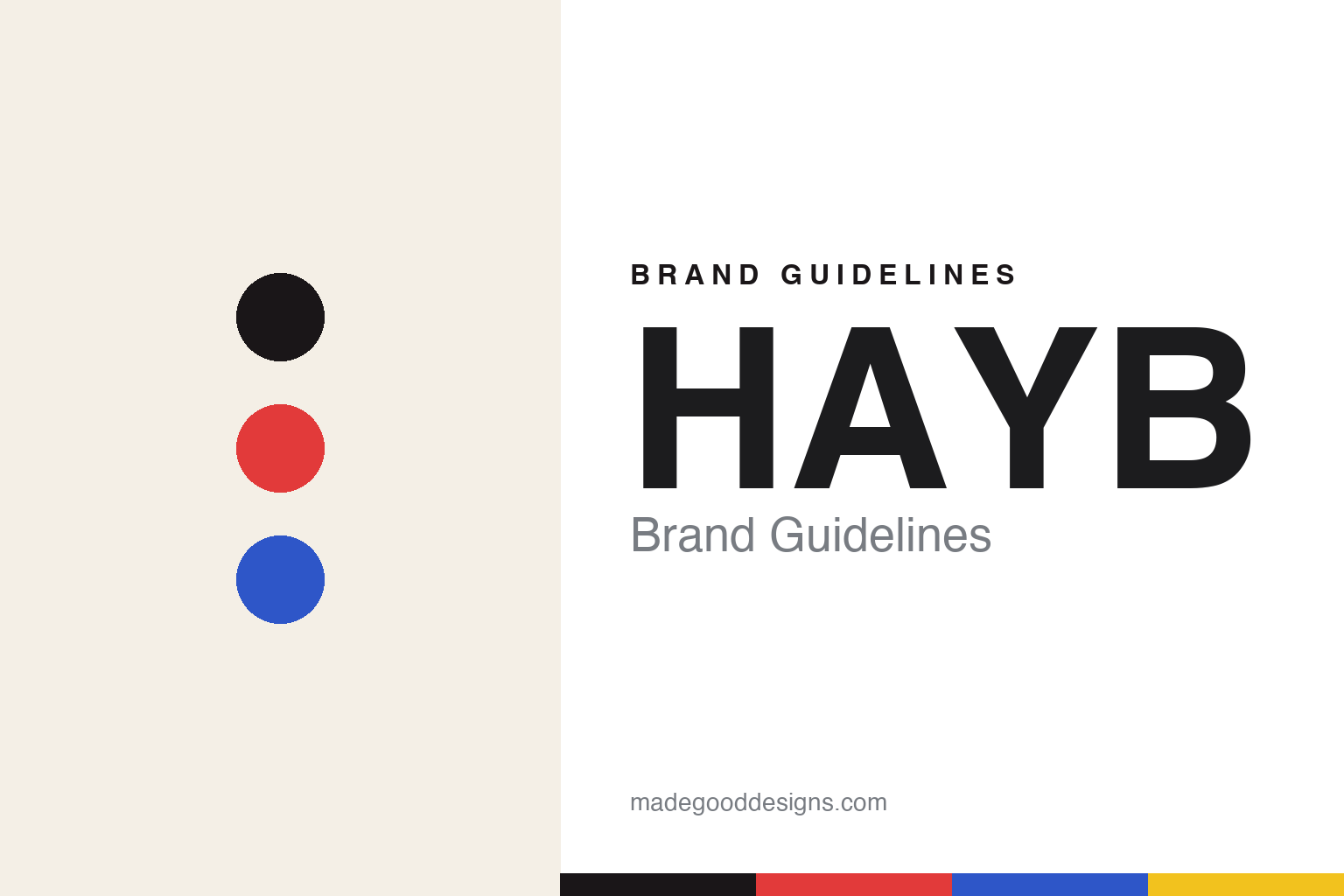 HAYB brand guidelines — abstract colour-disc homage (bold red and blue), not the HAYB packaging