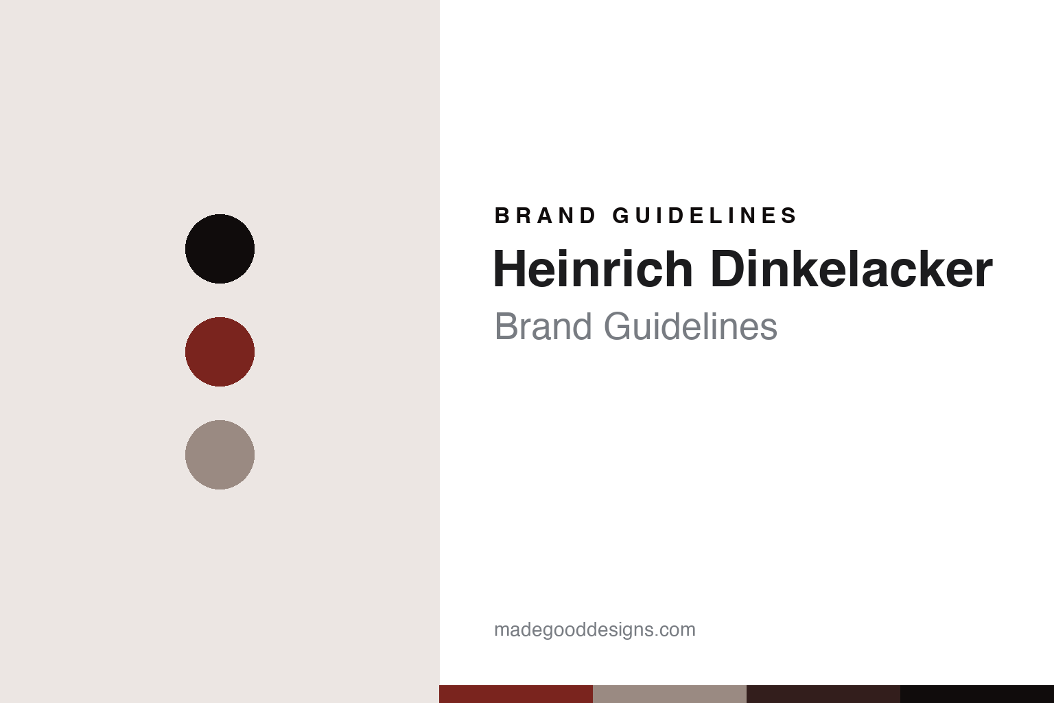 Abstract brand-guidelines cover for Heinrich Dinkelacker — Budapester-red colour discs and leather-texture swatches (original homage; not a Heinrich Dinkelacker shoe, last or logo).