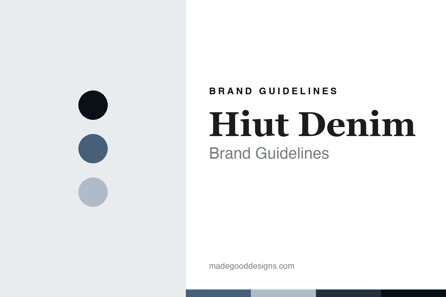 Hiut Denim brand guidelines cover — abstract slate-indigo and chambray colour discs with a selvedge-denim texture homage (not a Hiut jean, stitch or maker's signature).