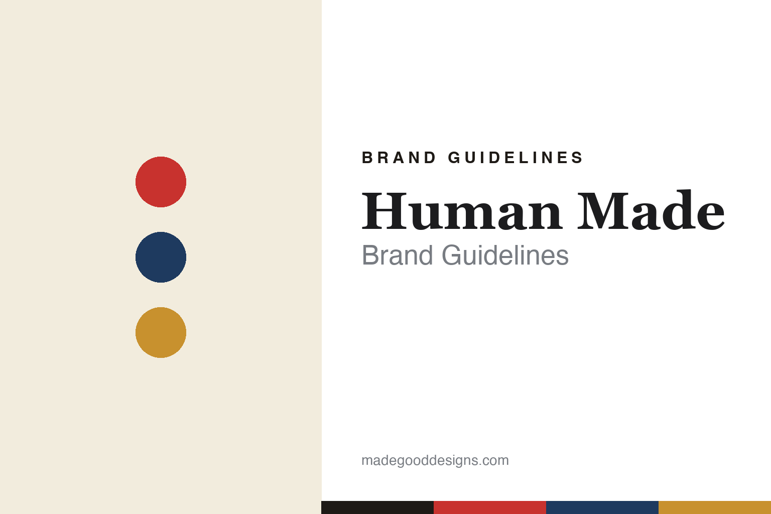 Human Made brand guidelines cover — abstract vintage-Americana colour discs (heart red, navy, mustard), not the Human Made logo