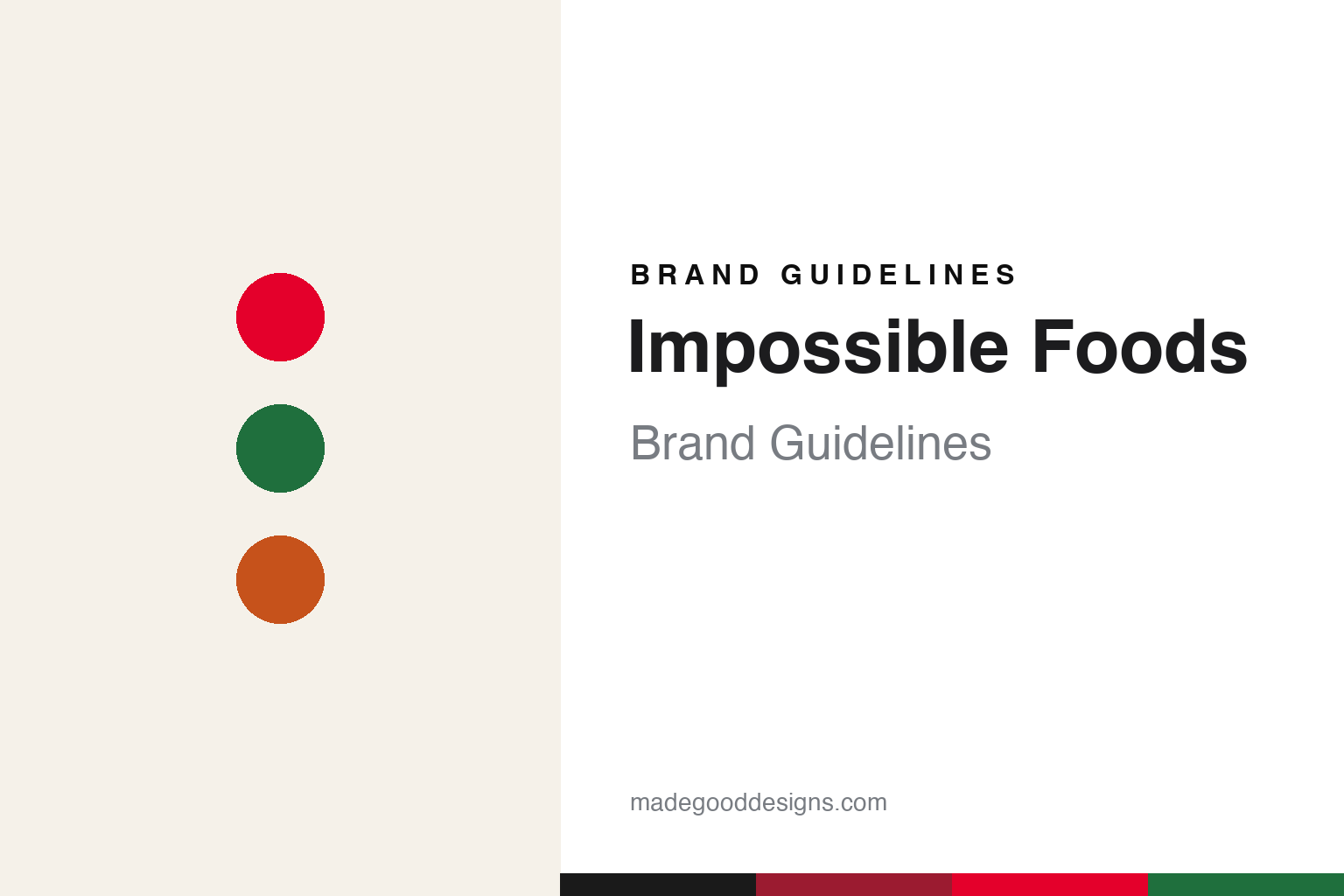 Abstract homage to Impossible Foods: bold red-and-green science-led discs and swatches (not an Impossible logo)
