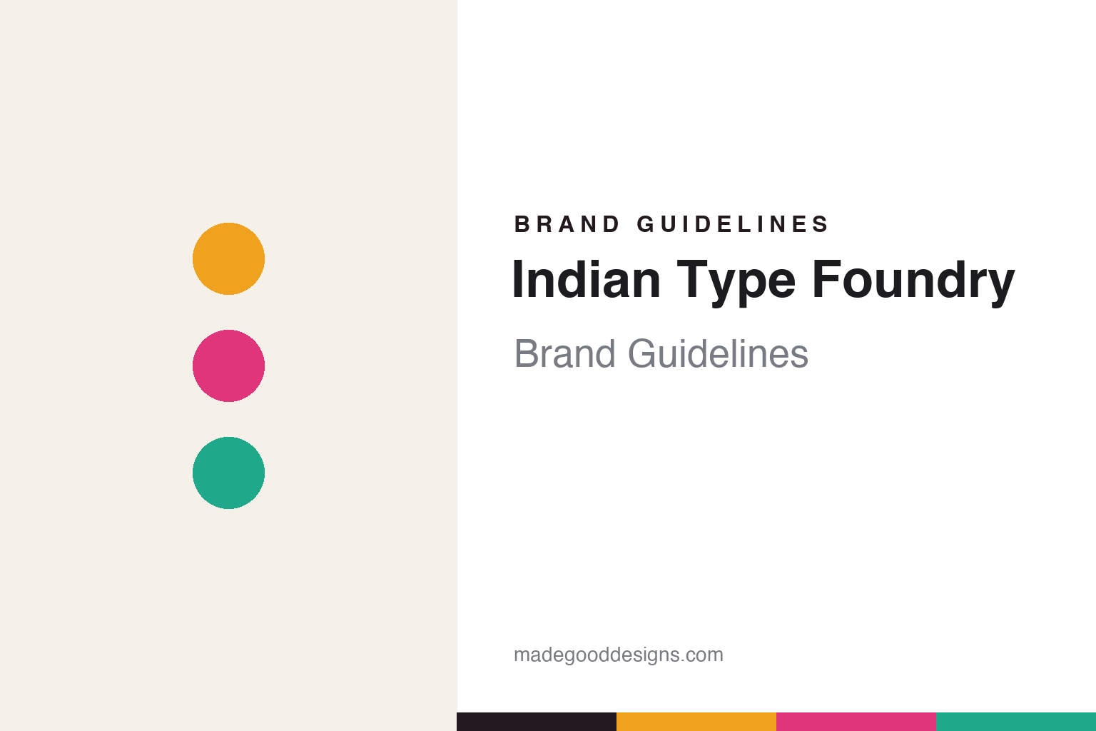 Indian Type Foundry brand guidelines cover — marigold, magenta and teal-green discs (abstract homage)