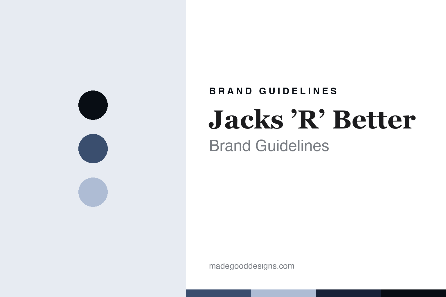 Jacks R Better brand guidelines cover - abstract slate-navy colour discs and quilt-stitch texture