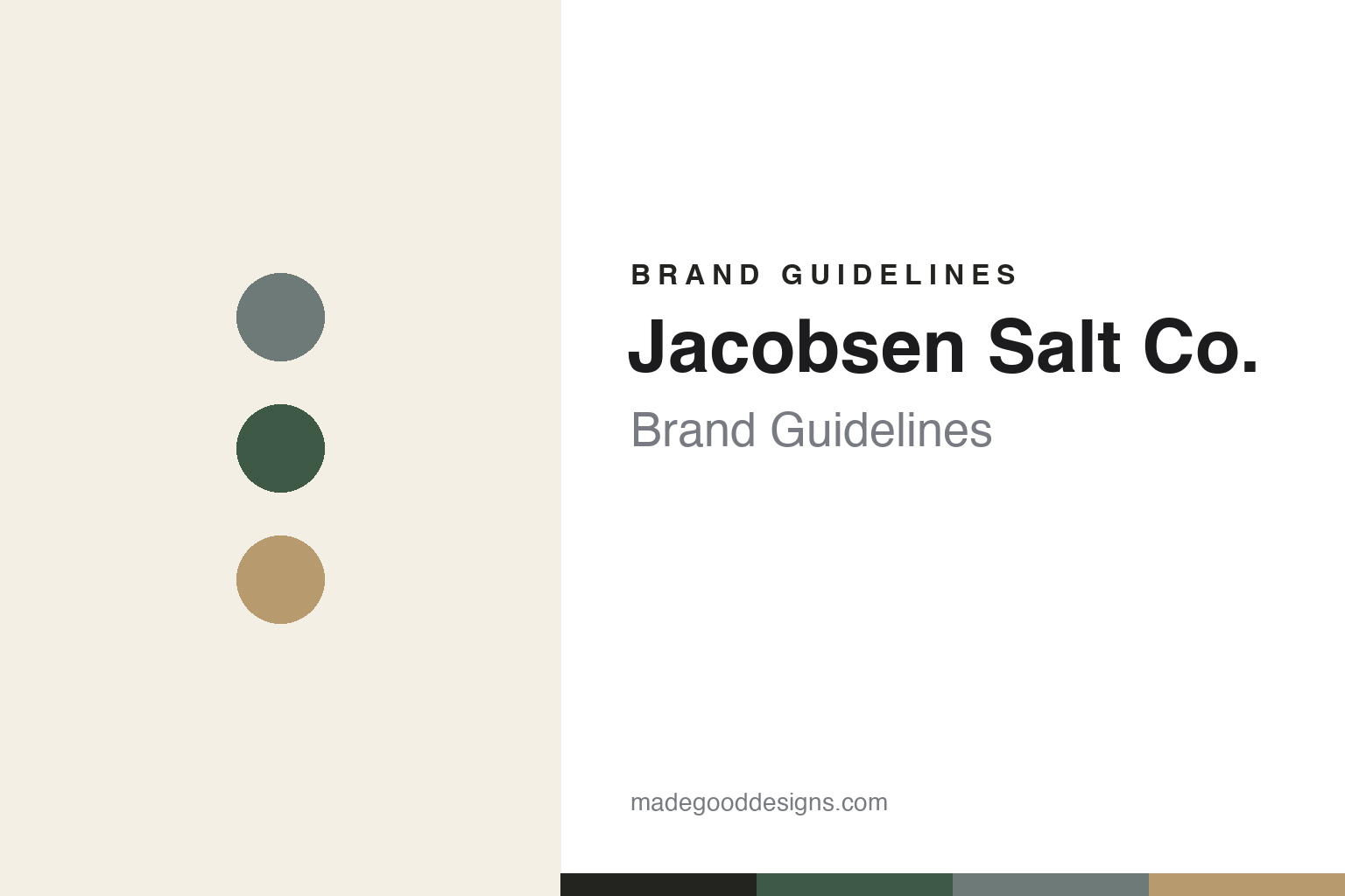 Abstract homage to Jacobsen Salt Co: muted sea-grey, Oregon-green and kraft discs and swatches (not a Jacobsen logo)