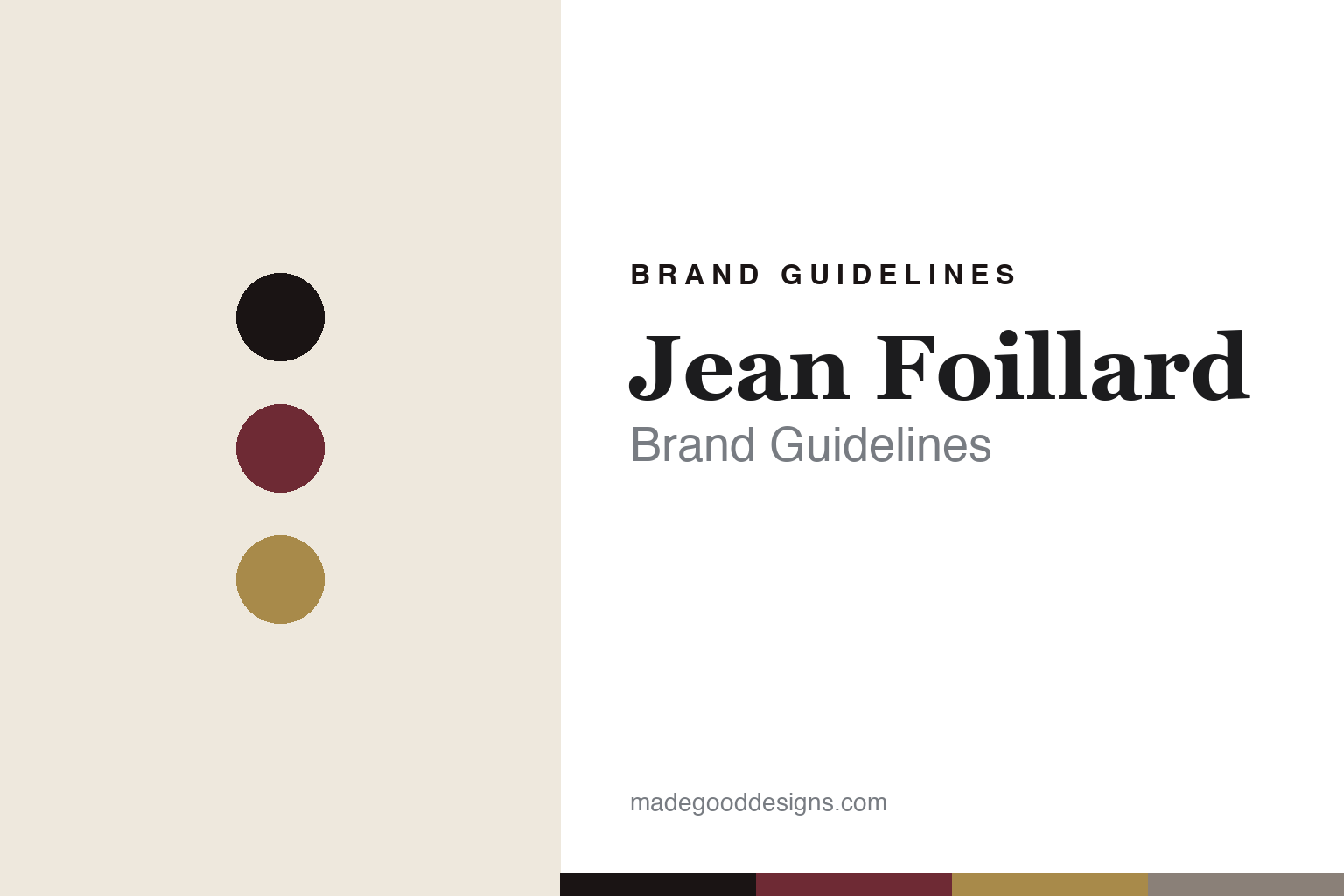 Jean Foillard brand guidelines — abstract colour-disc homage cover in burgundy and gold