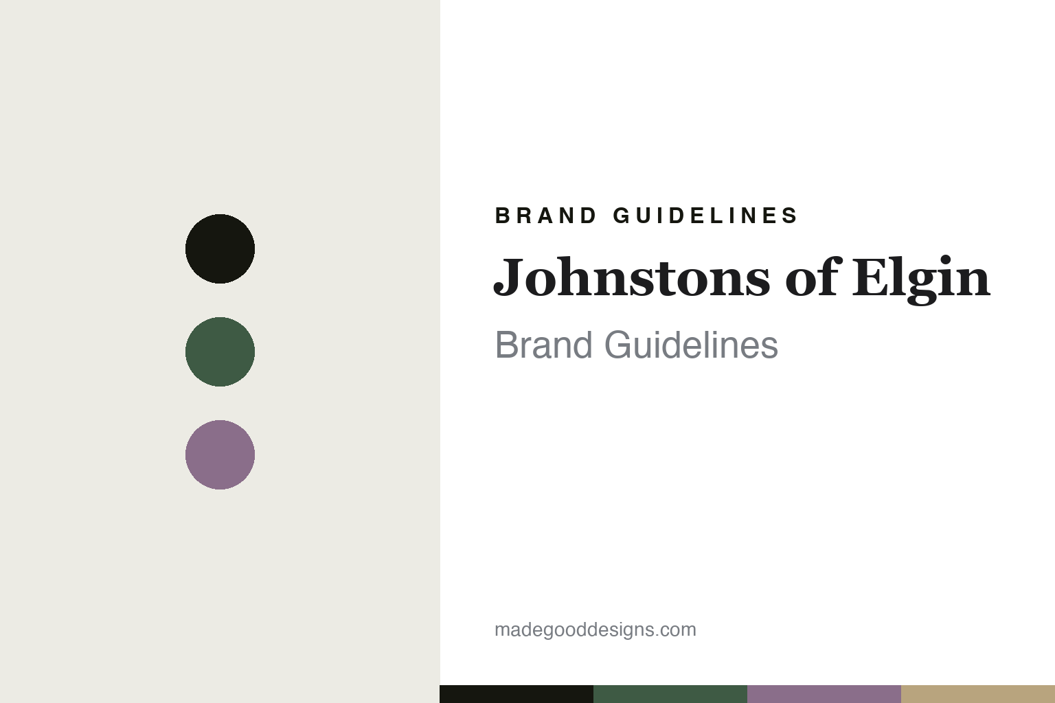 Johnstons of Elgin brand guidelines — abstract colour-disc homage in green and heather (not the Johnstons textiles or packaging)