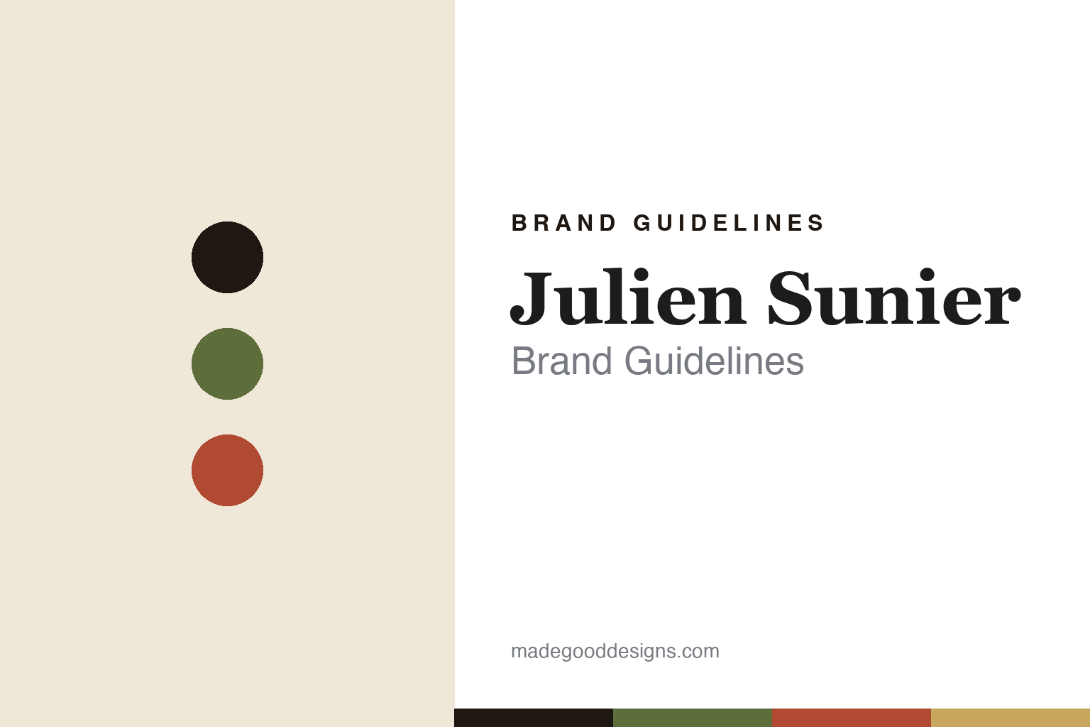 Julien Sunier brand guidelines — abstract colour-disc homage cover in meadow green and terracotta