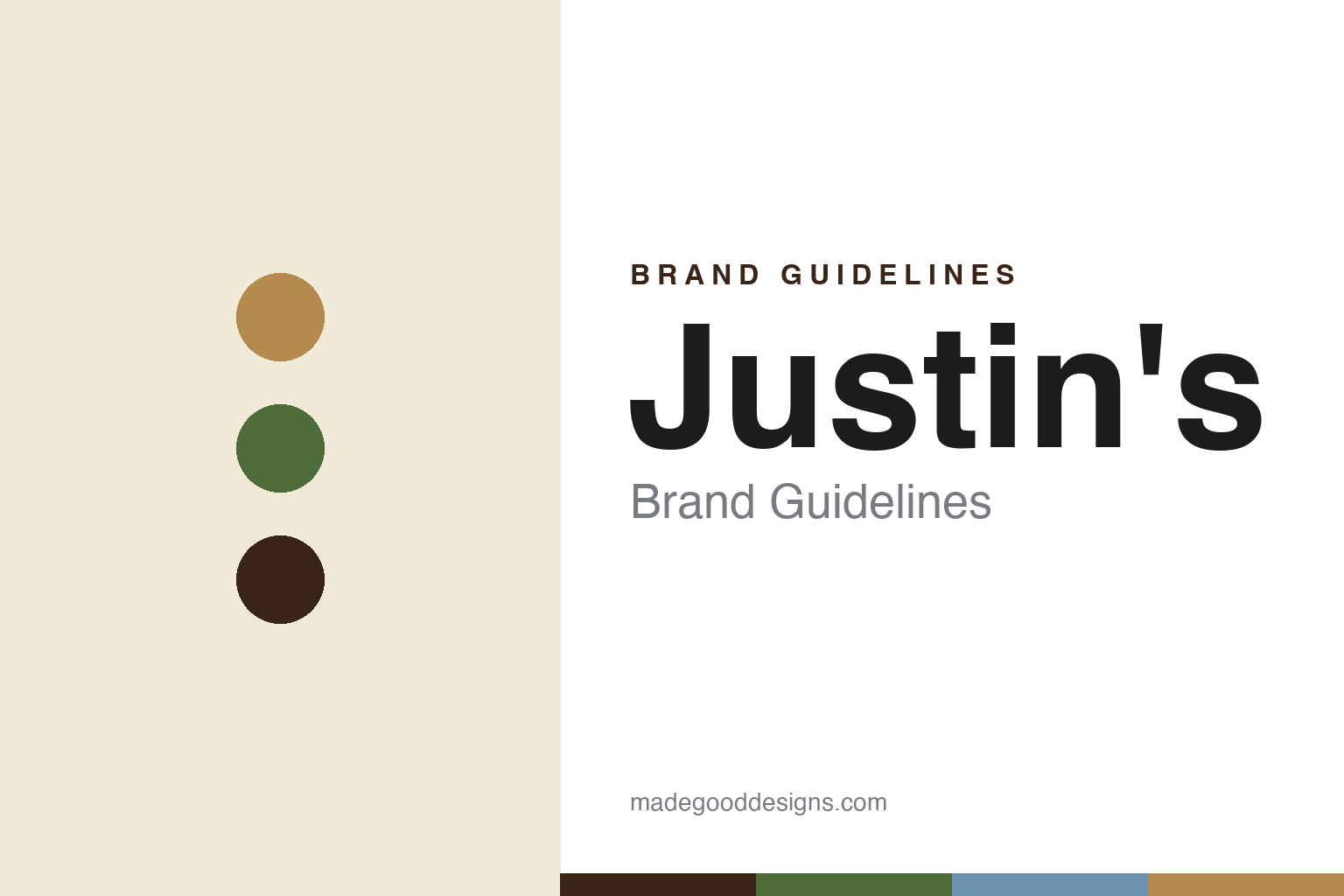 Abstract homage to Justin's: natural almond-tan, outdoor-green and chocolate nut-butter discs and swatches (not a Justin's logo)