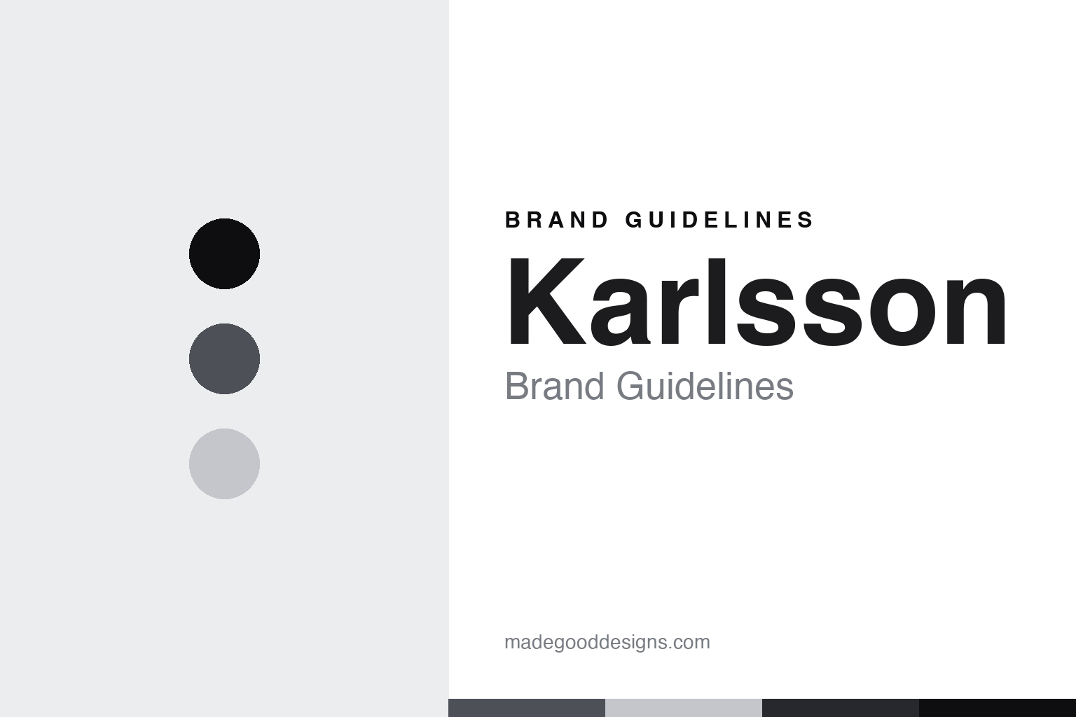 Abstract brand guidelines cover for Karlsson, charcoal grey colour discs with a clock hand and tick texture, an original homage with no clock face or logo.