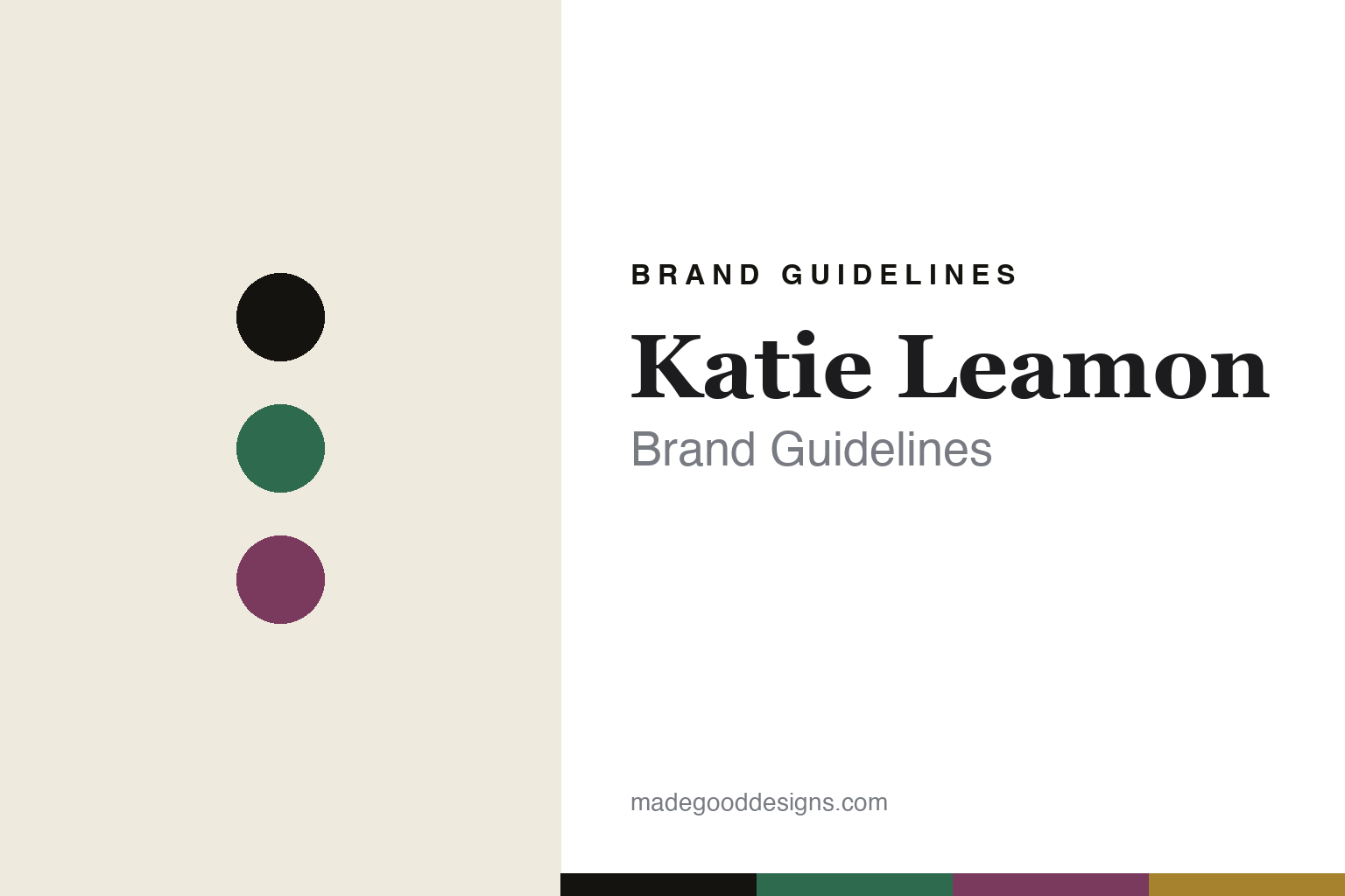 Katie Leamon brand guidelines cover — emerald-and-gold palette with abstract colour-disc homage (not the Katie Leamon cards)