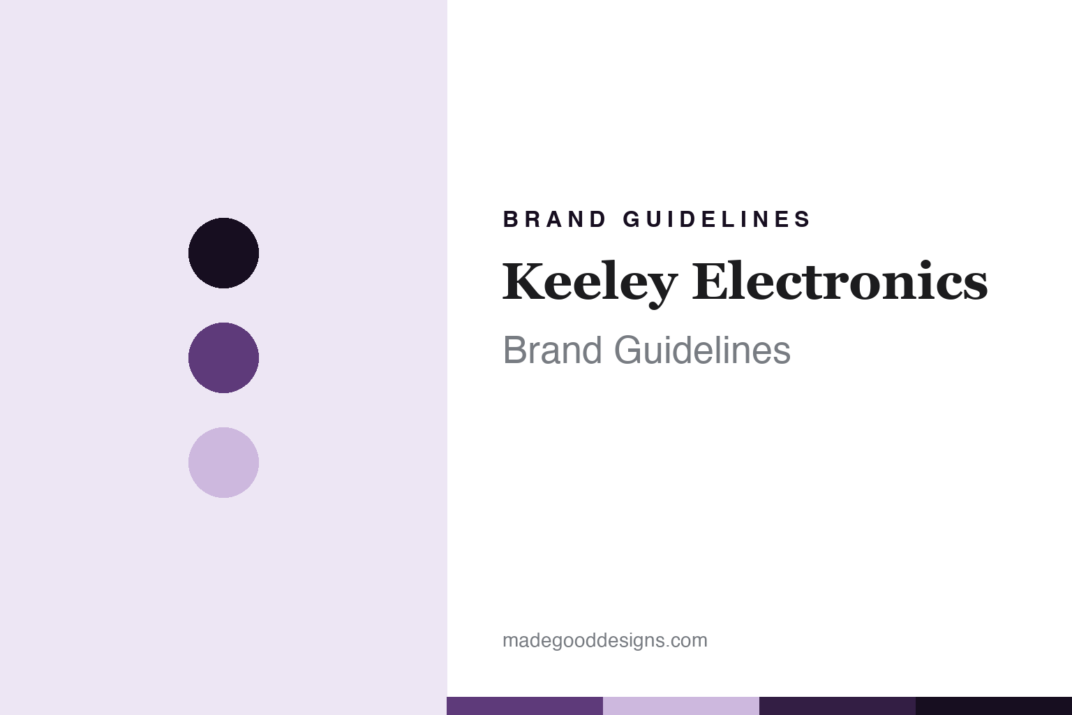 Keeley Electronics brand guidelines cover — abstract violet palette discs and anodised-aluminium texture (homage, not the Keeley logo, signature blue, or any pedal)
