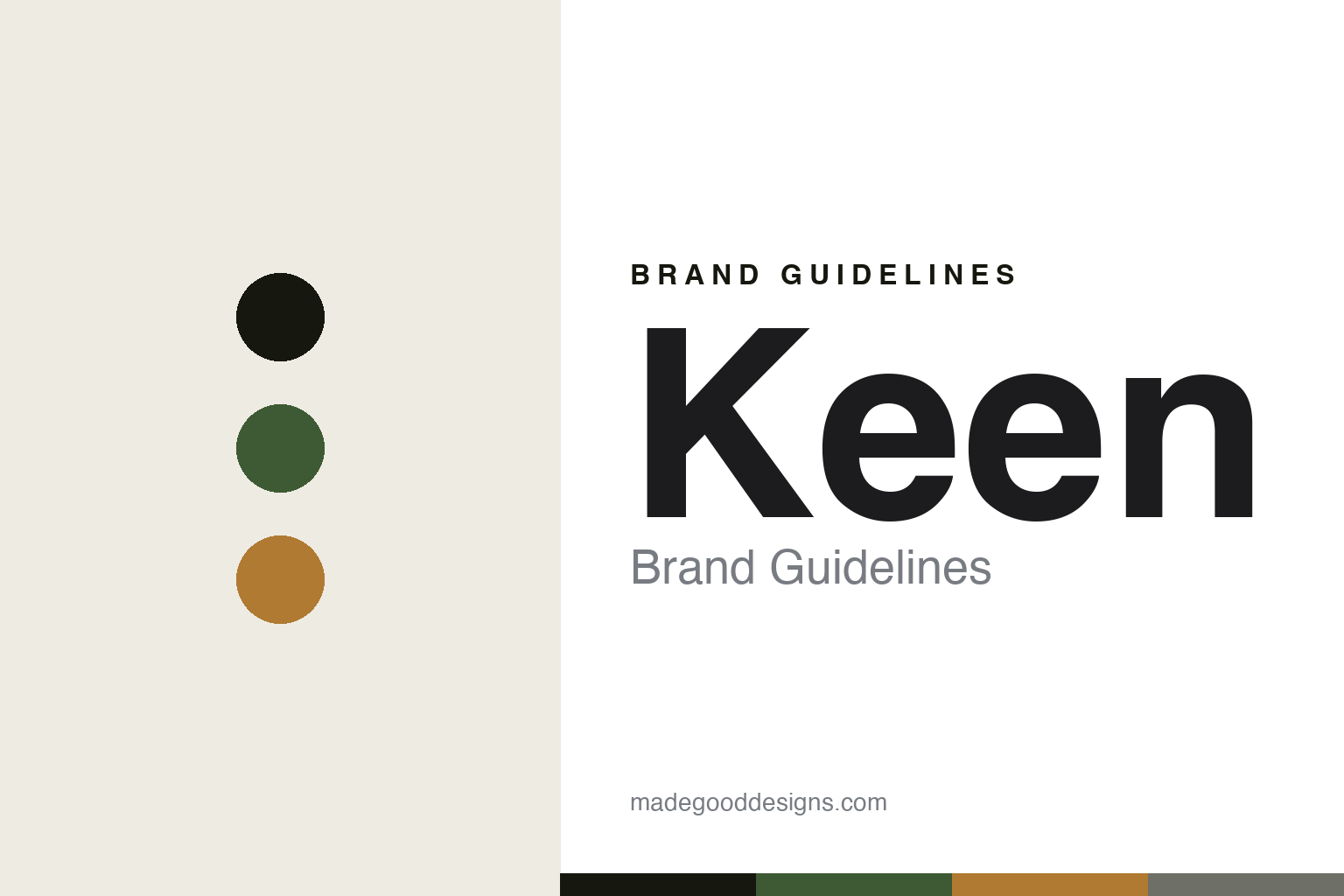 Keen brand guidelines — abstract colour-disc homage cover (forest green and ochre)