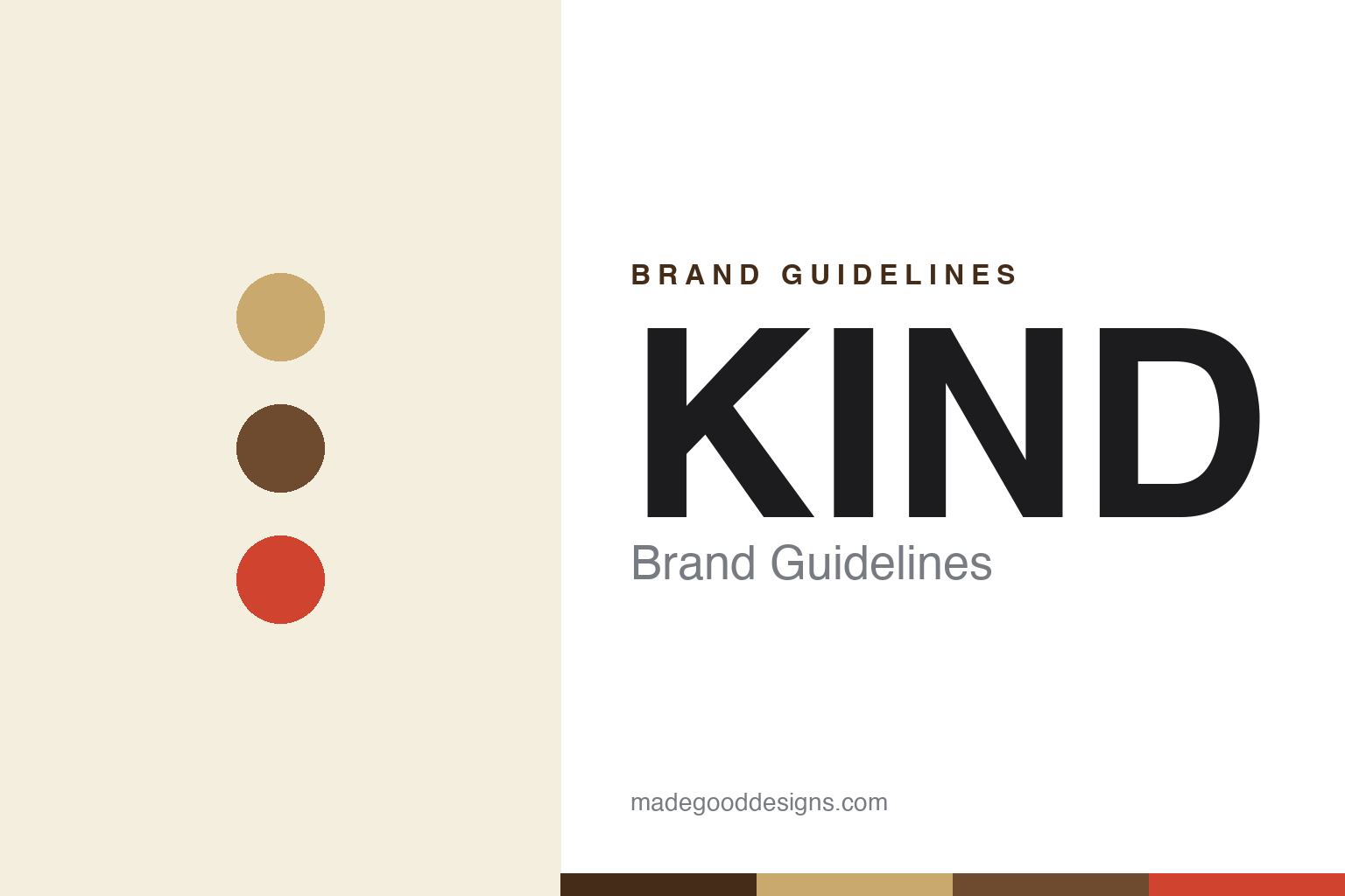 Abstract homage cover for KIND brand guidelines — kraft, nut-brown and signal-red discs