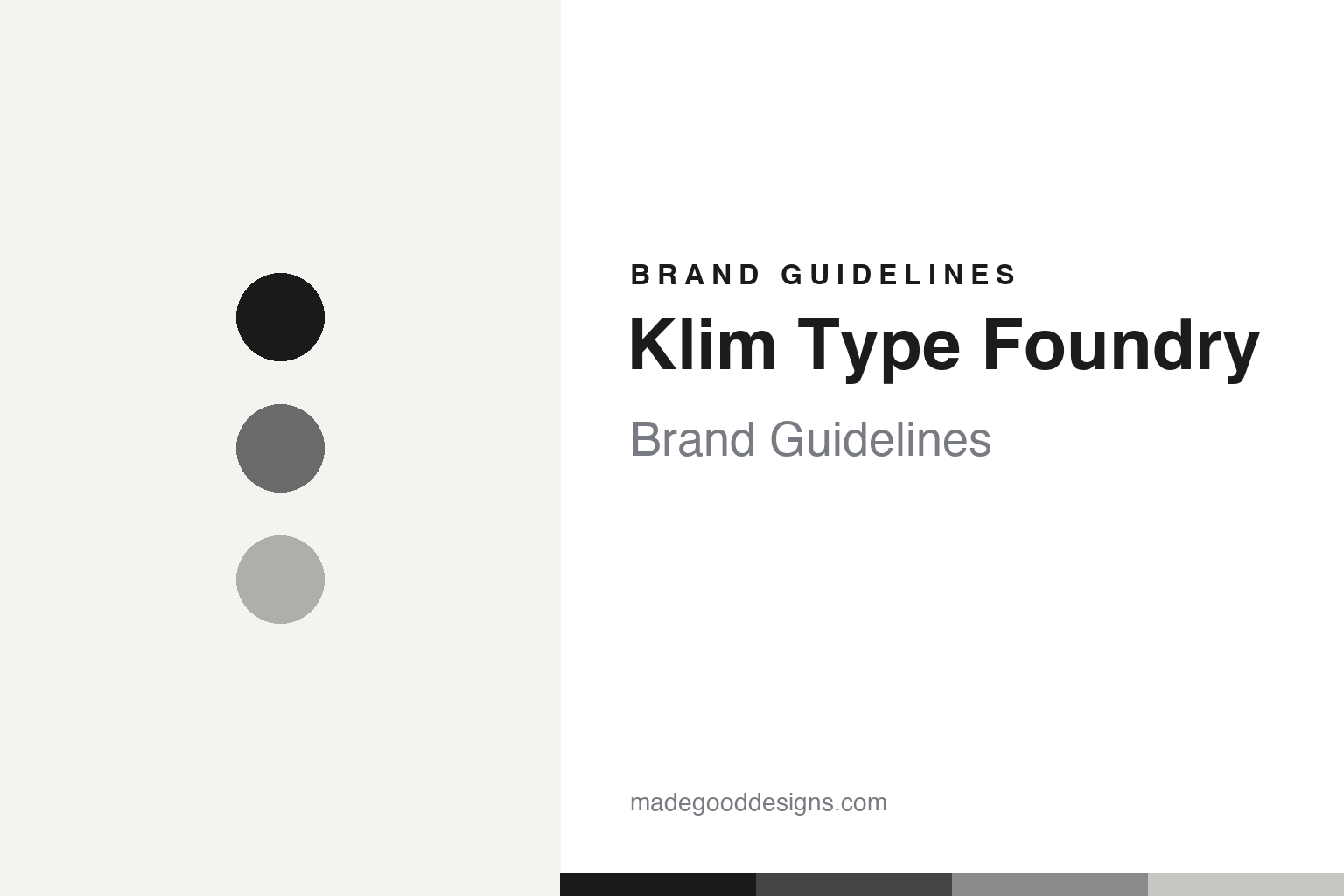 Klim Type Foundry brand guidelines cover — ink, graphite and silver-grey discs (abstract homage)