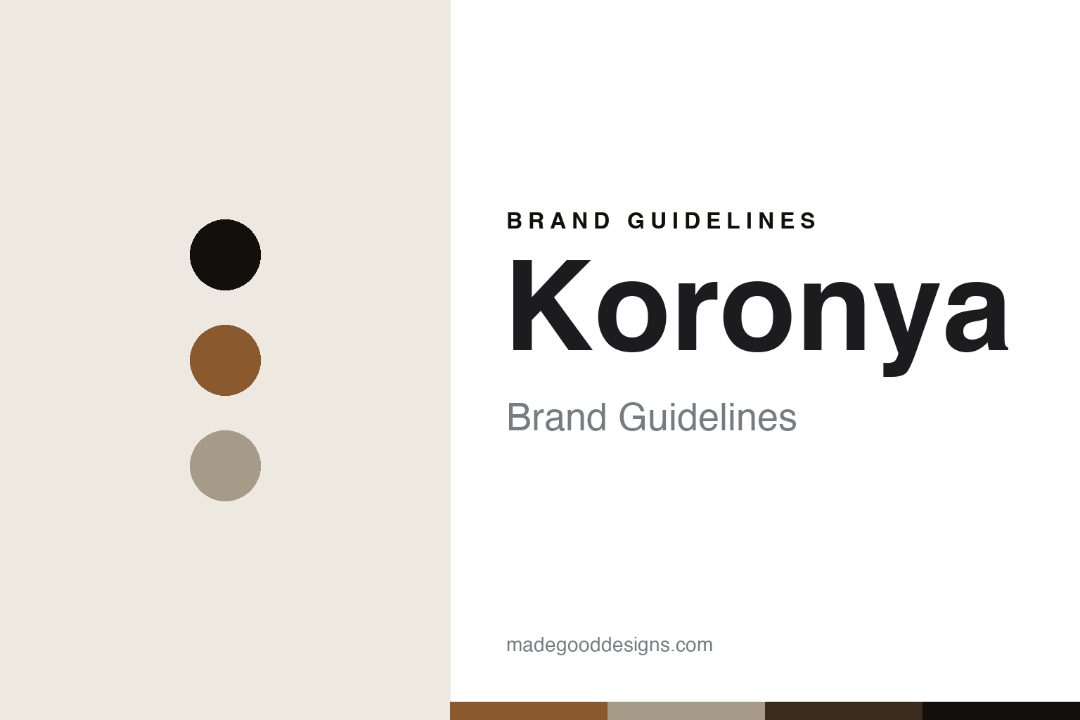Abstract brand-guidelines cover for Koronya — Budapest-ochre colour discs and leather-texture swatches (original homage; not a Koronya shoe, last or logo).