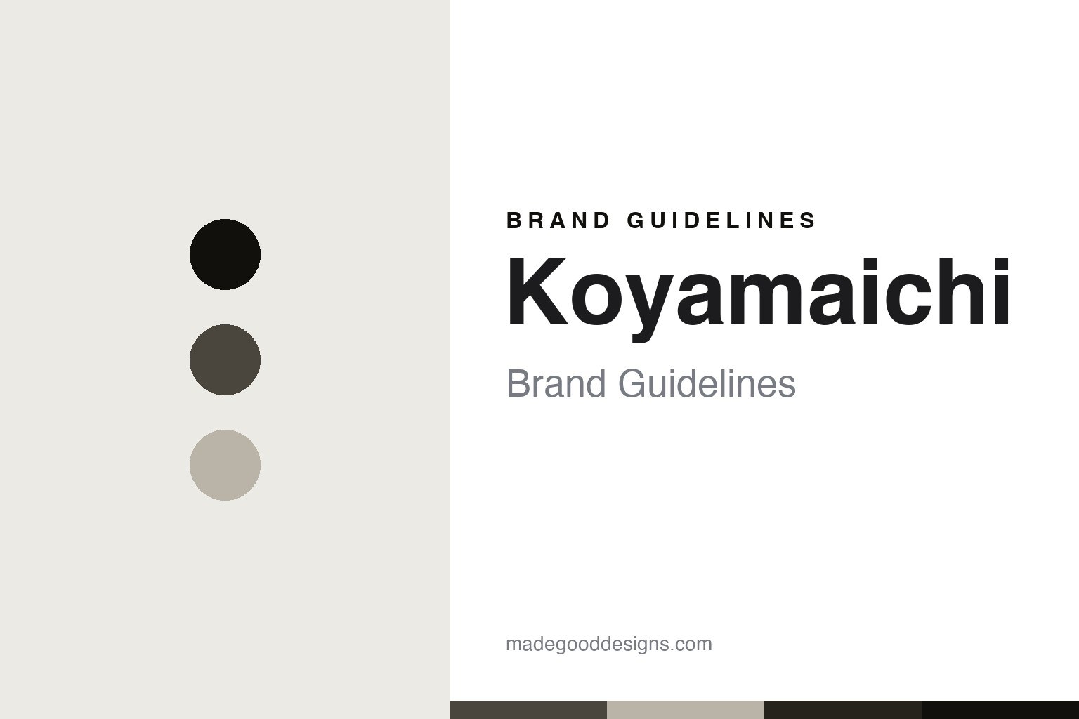 Koyamaichi brand guidelines cover — abstract forge-charcoal and white-oak colour discs and forged-steel/wood-grain texture (homage; not a Koyamaichi chisel or mark)