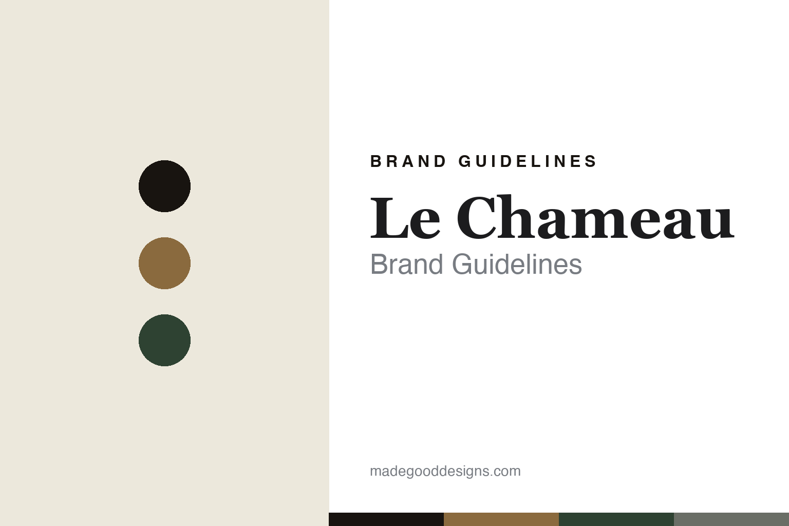 Le Chameau brand guidelines — abstract colour-disc homage cover (camel and bottle green)