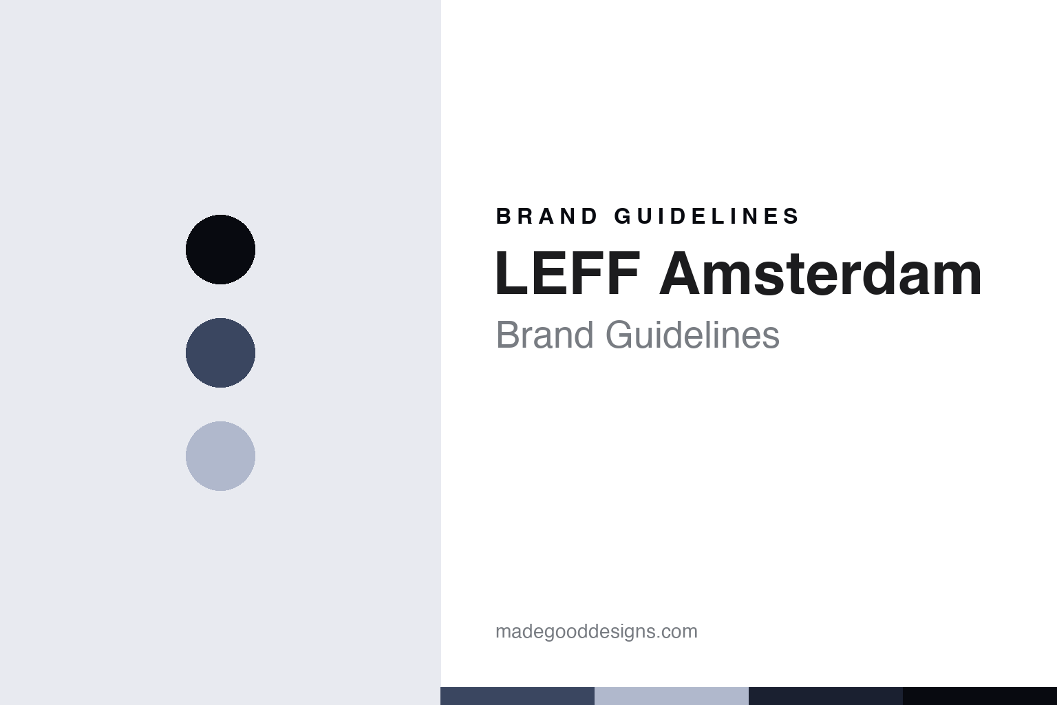 Abstract brand guidelines cover for LEFF Amsterdam, ink blue colour discs with a hand and dial texture, an original homage with no clock face or logo.