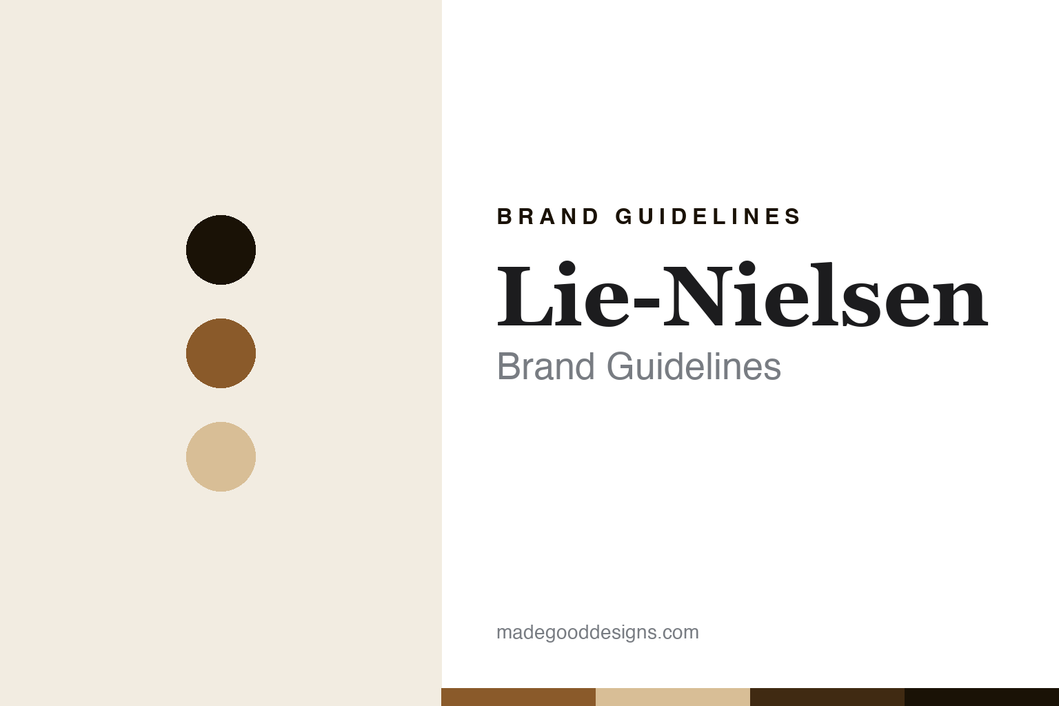 Lie-Nielsen brand guidelines cover — abstract bronze and maple colour discs and wood-grain texture (homage; not a Lie-Nielsen plane or logo)