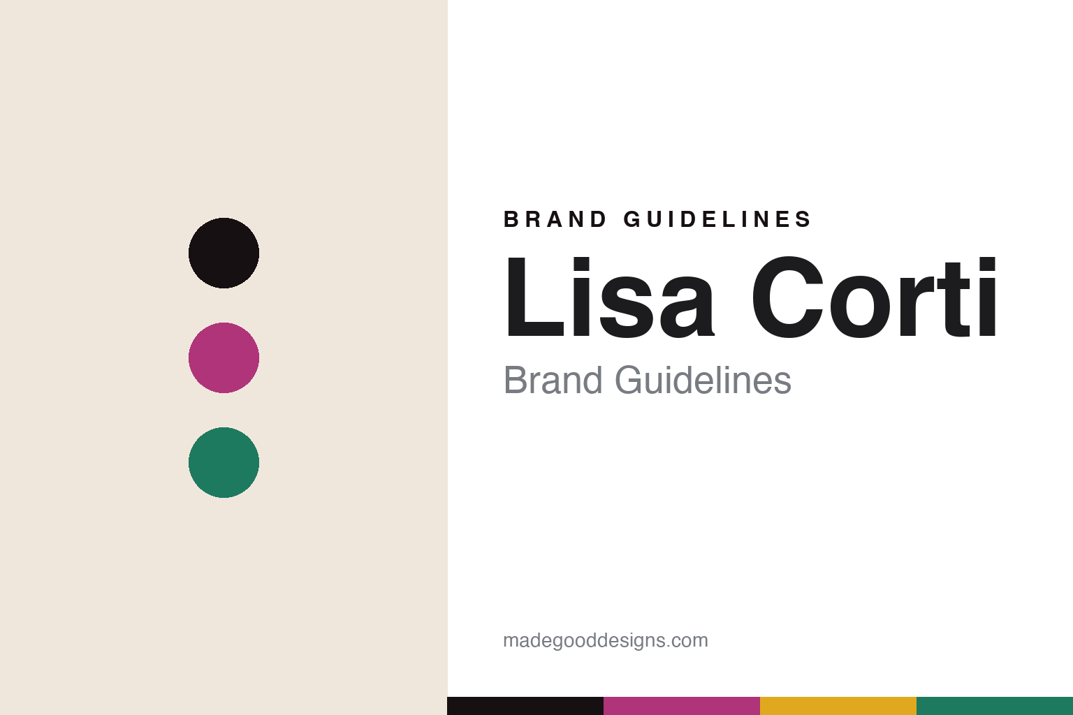 Lisa Corti brand guidelines cover — vivid multicolour palette with abstract colour-disc homage (not the Lisa Corti prints)