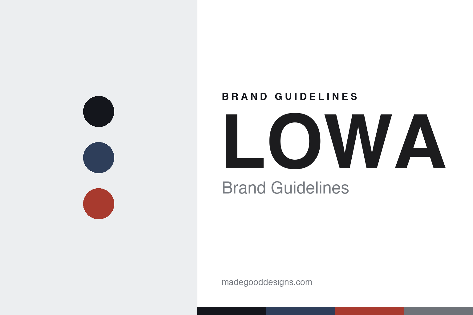 LOWA brand guidelines — abstract colour-disc homage cover (navy and red)