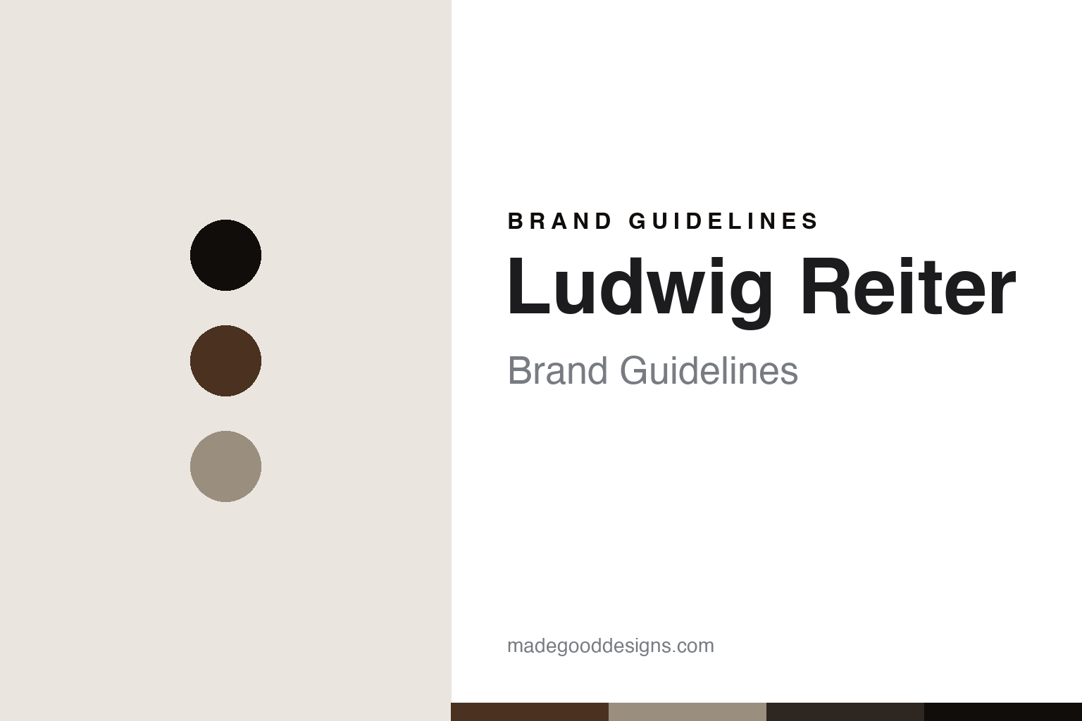Abstract brand-guidelines cover for Ludwig Reiter — Vienna-chestnut colour discs and leather-texture swatches (original homage; not a Ludwig Reiter shoe, last or logo).