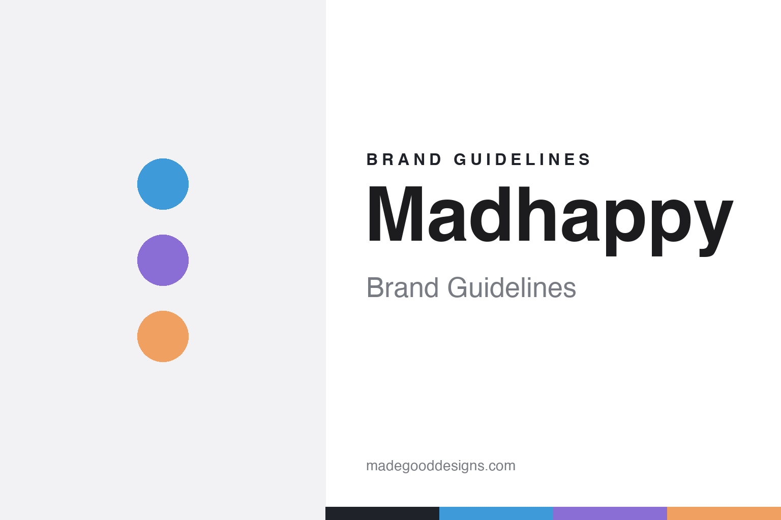 Madhappy brand guidelines cover — abstract optimistic colour discs (sky blue, lilac, peach), not the Madhappy logo