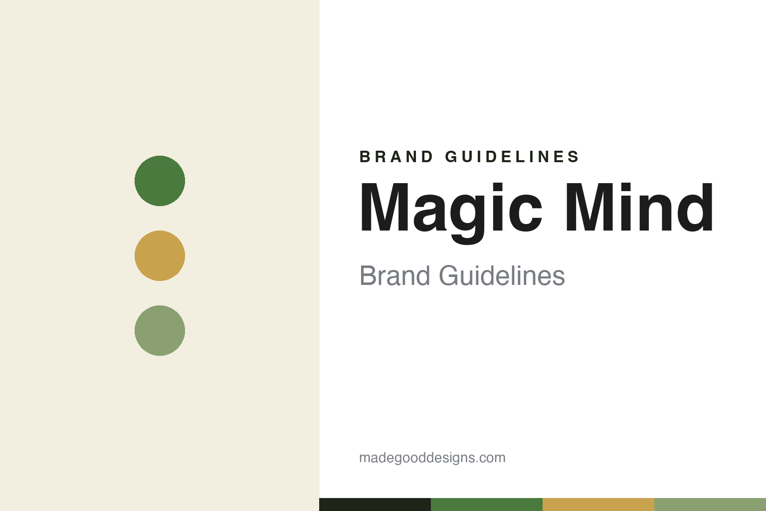 Magic Mind brand guidelines cover — matcha-green, gold and sage discs (abstract homage)