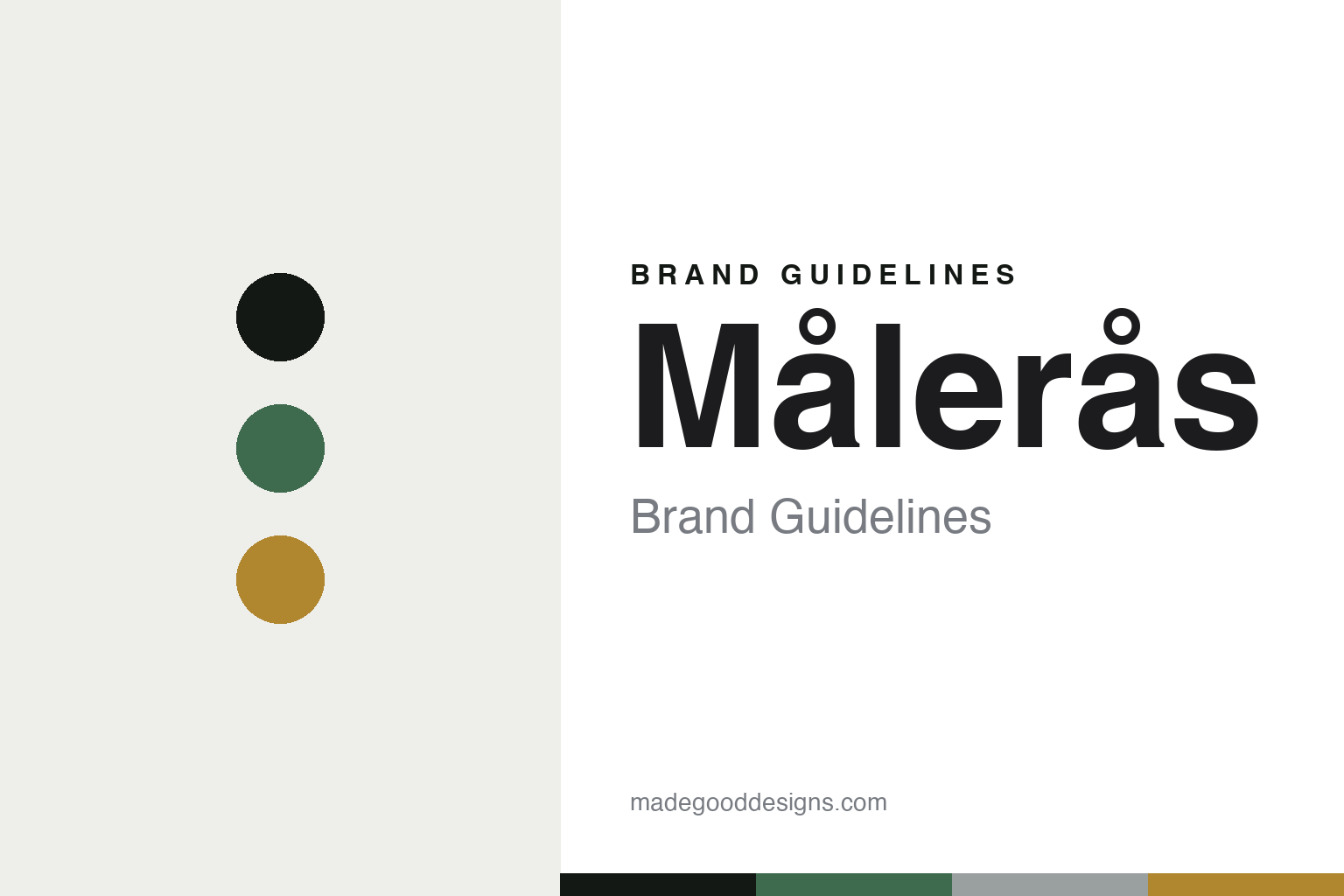 Målerås brand guidelines — abstract forest-and-amber colour-disc homage cover; no logo reproduced.