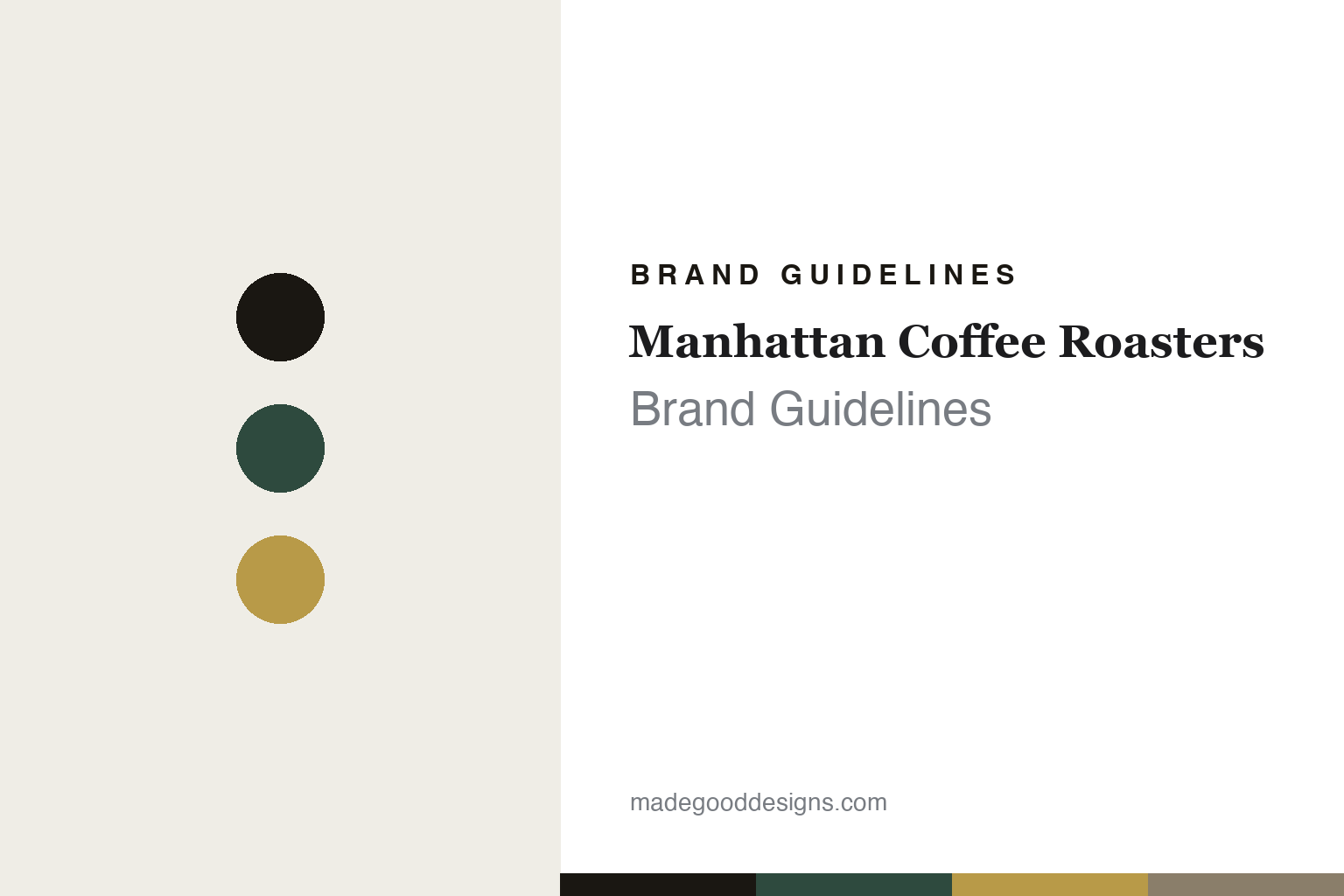 Manhattan Coffee Roasters brand guidelines — abstract colour-disc homage cover in deco green and gold
