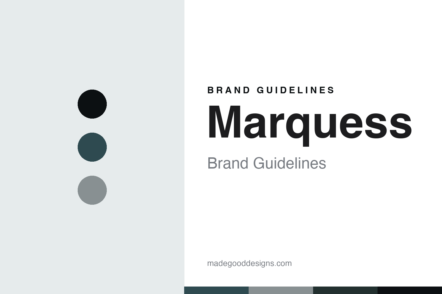 Abstract brand-guidelines cover for Marquess — antique-teal colour discs and leather-texture swatches (original homage; not a Marquess shoe, last or logo).