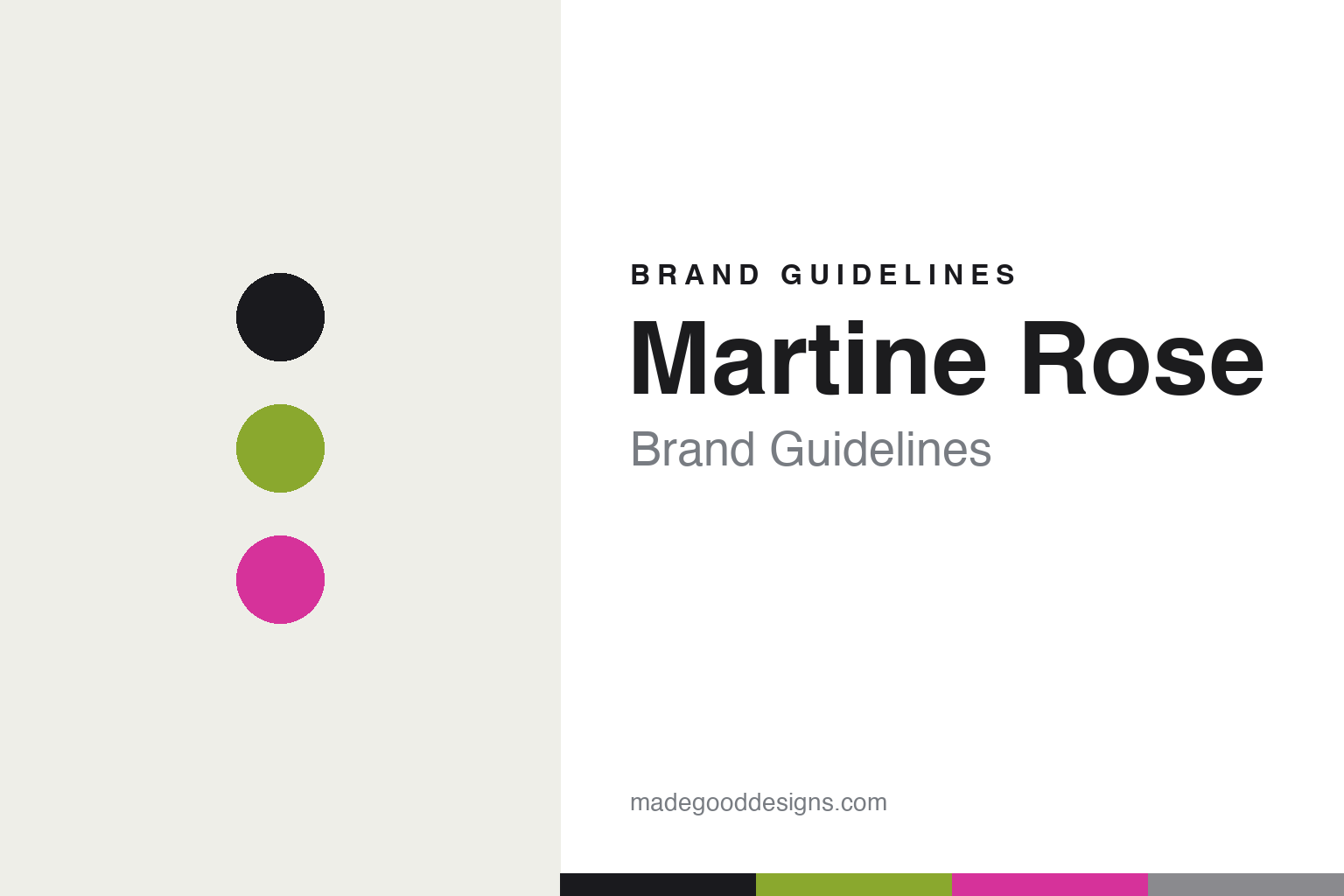 Martine Rose brand guidelines cover — abstract subversive colour discs (ink, acid lime, magenta), not the Martine Rose logo