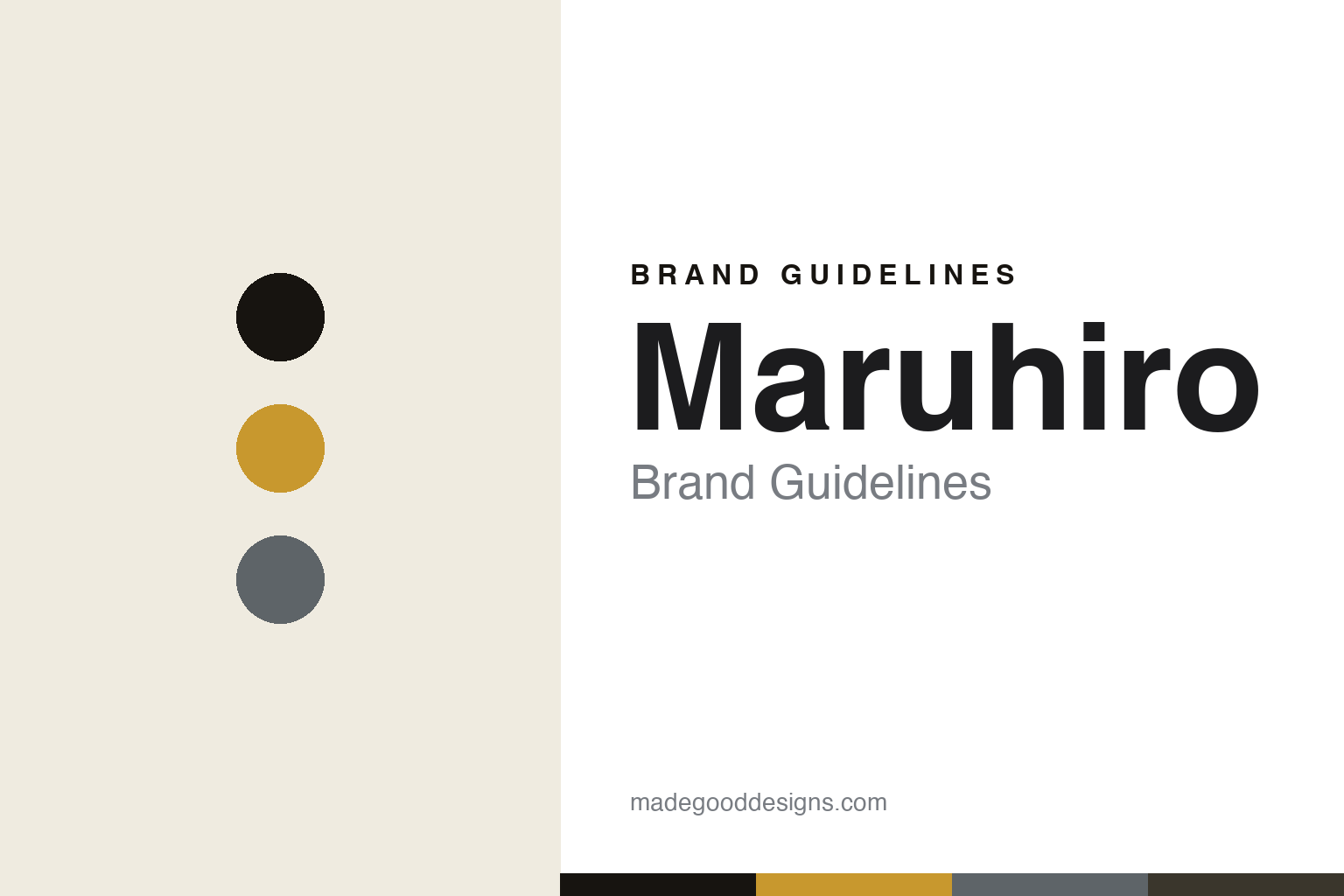 Abstract brand-guideline cover for Maruhiro — mustard, ink and slate colour discs with a palette band (unofficial homage; no logo or piece reproduced).