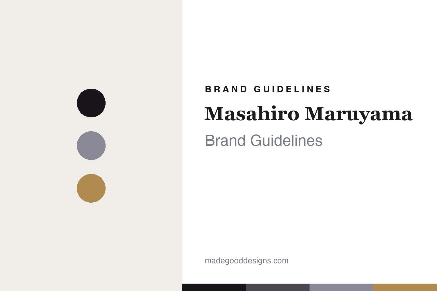 Masahiro Maruyama brand guidelines — abstract colour-disc homage (ink and amber), not the MM frames